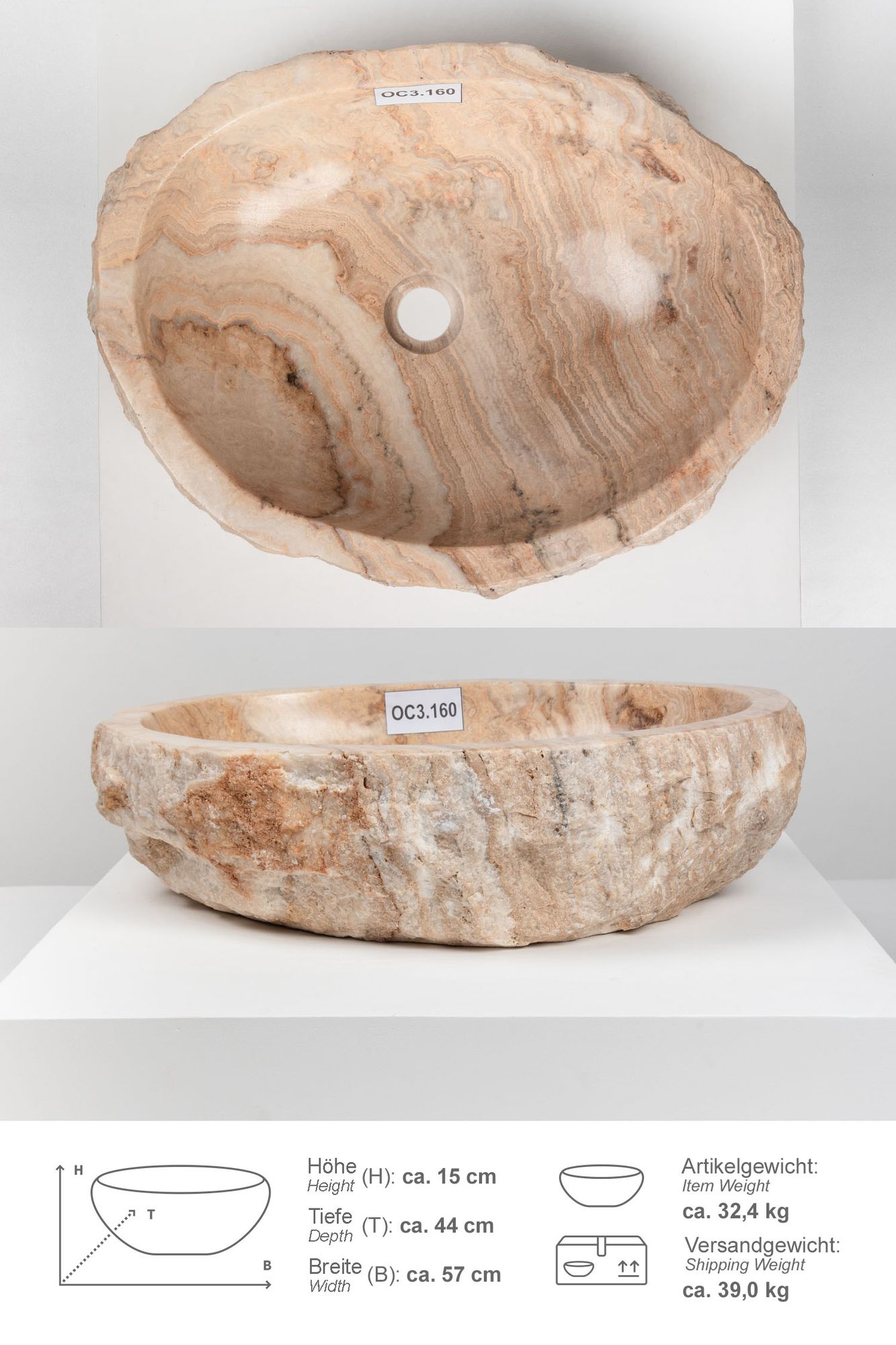 Onyxmarmor Waschbecken 50-60 cm creme natur OC3.160