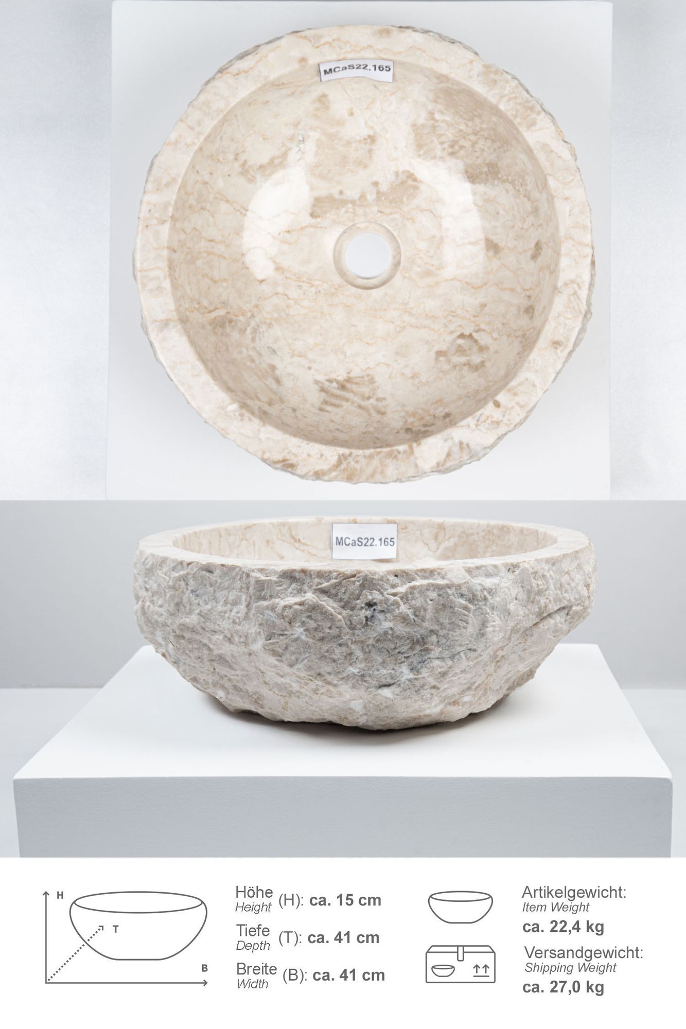 Erosi Marmor Waschbecken 40 cm creme MCaS22.165
