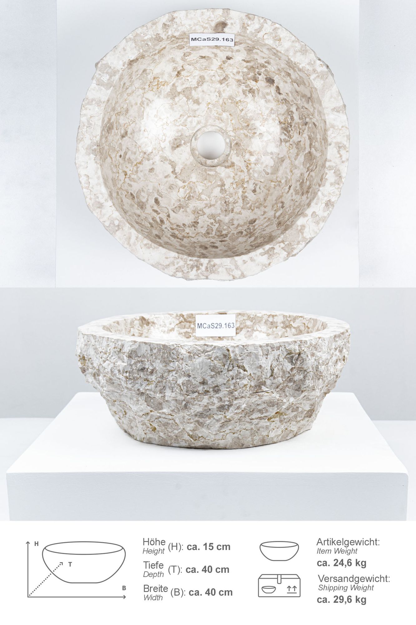 Erosi Marmor Waschbecken 40 cm creme MCaS29.163