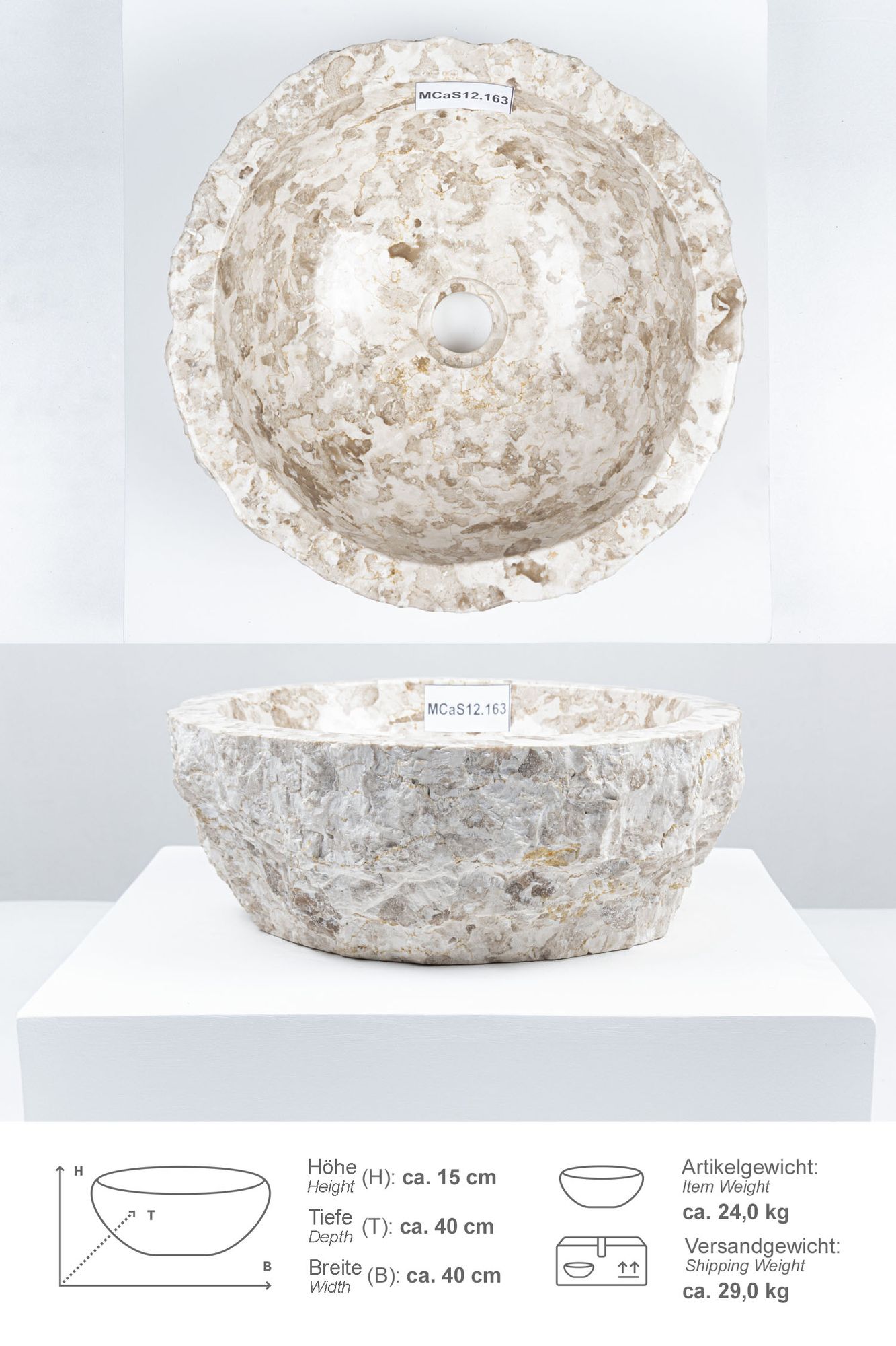 Erosi Marmor Waschbecken 40 cm creme MCaS12.163