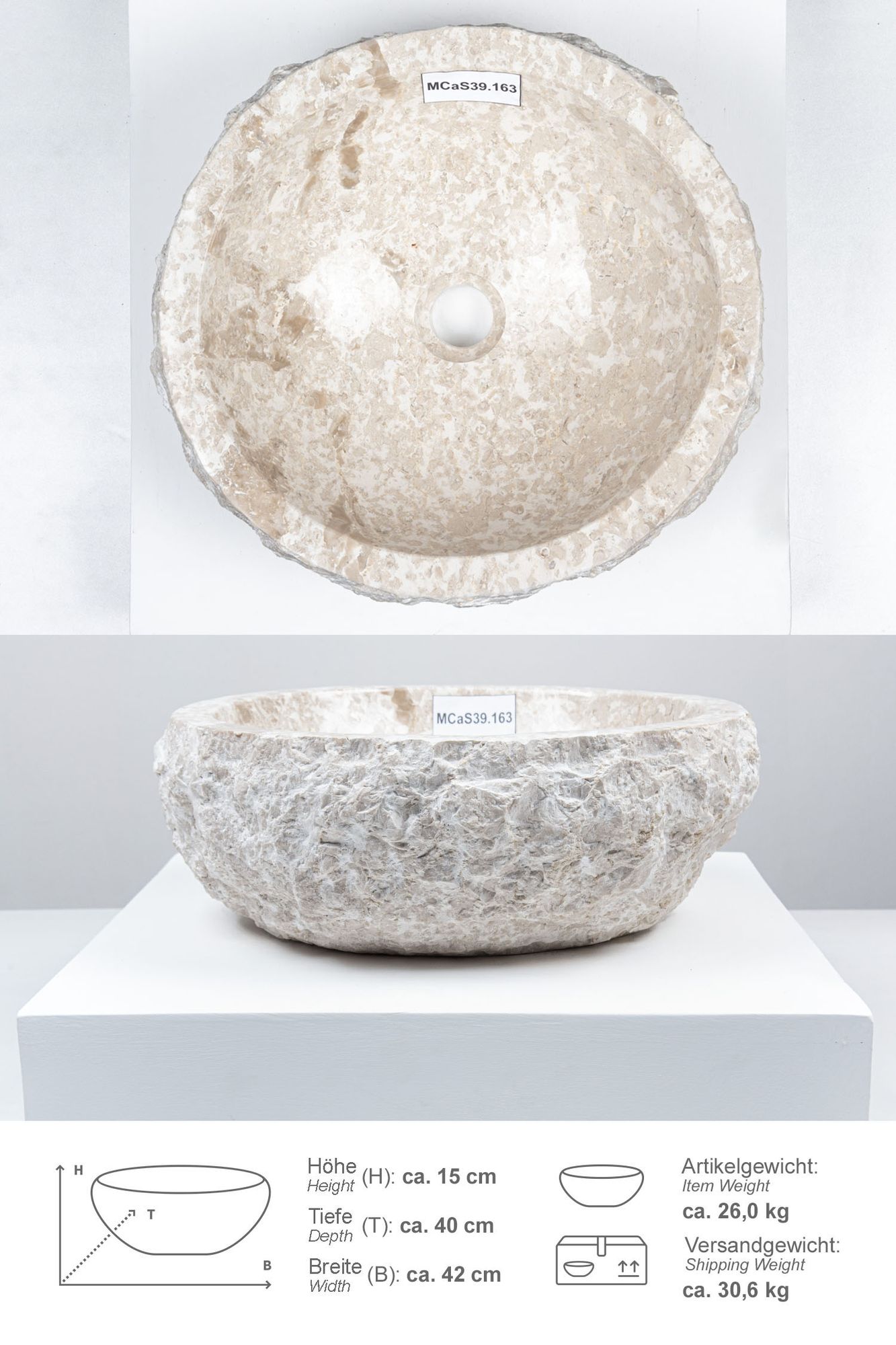 Erosi Marmor Waschbecken 40 cm creme MCaS39.163