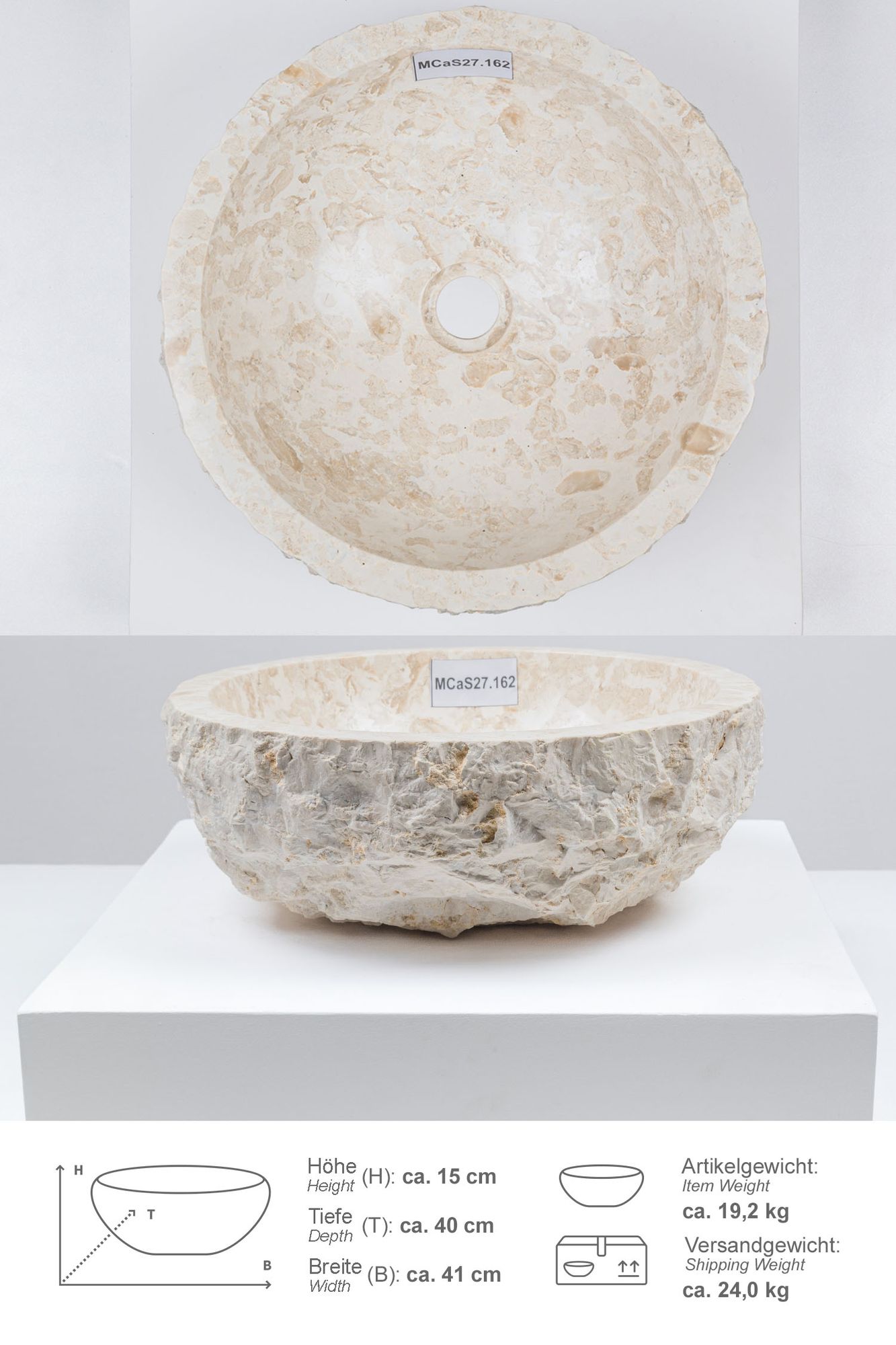 Erosi Marmor Waschbecken 40 cm creme MCaS27.162