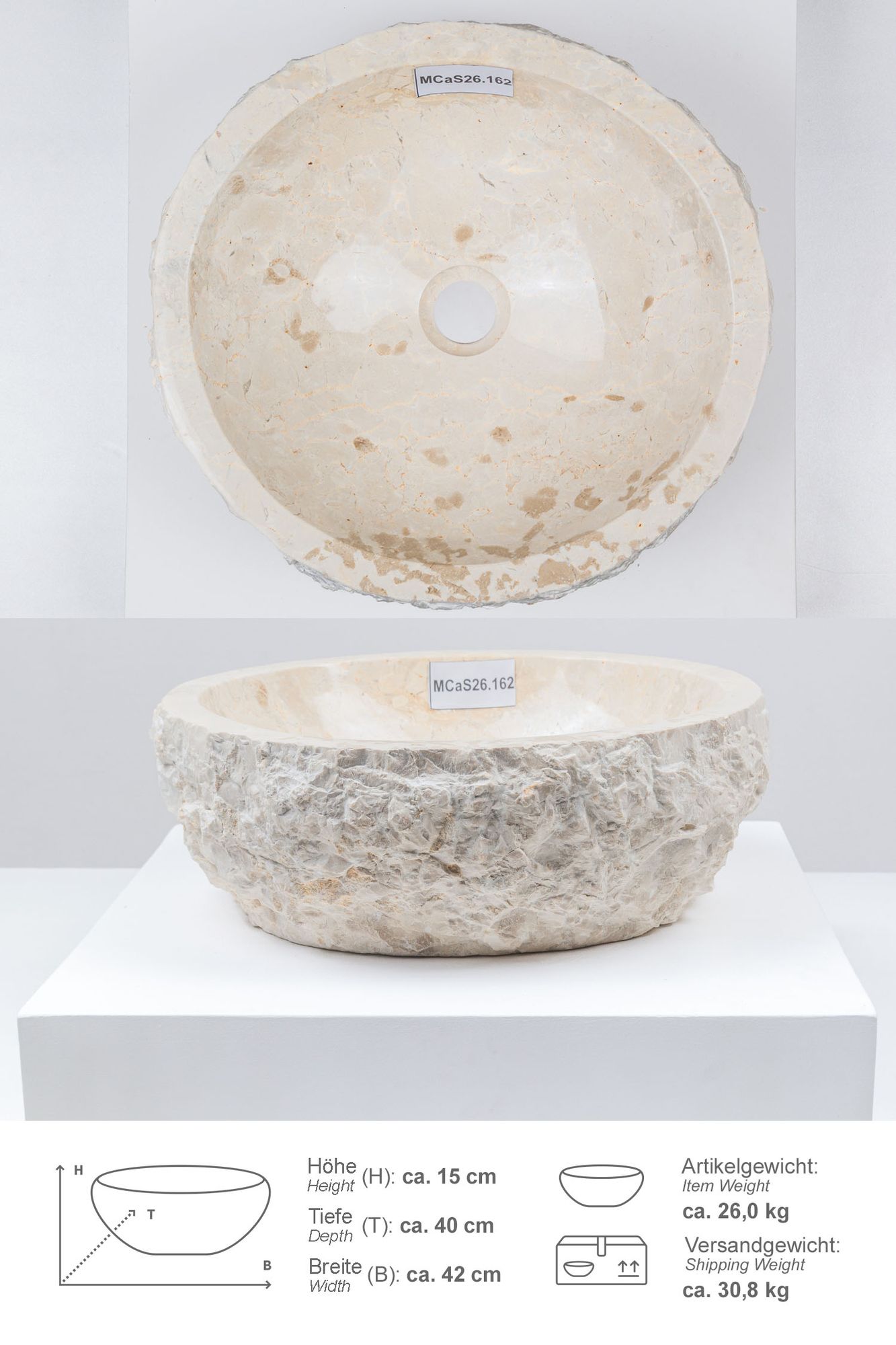 Erosi Marmor Waschbecken 40 cm creme MCaS26.162