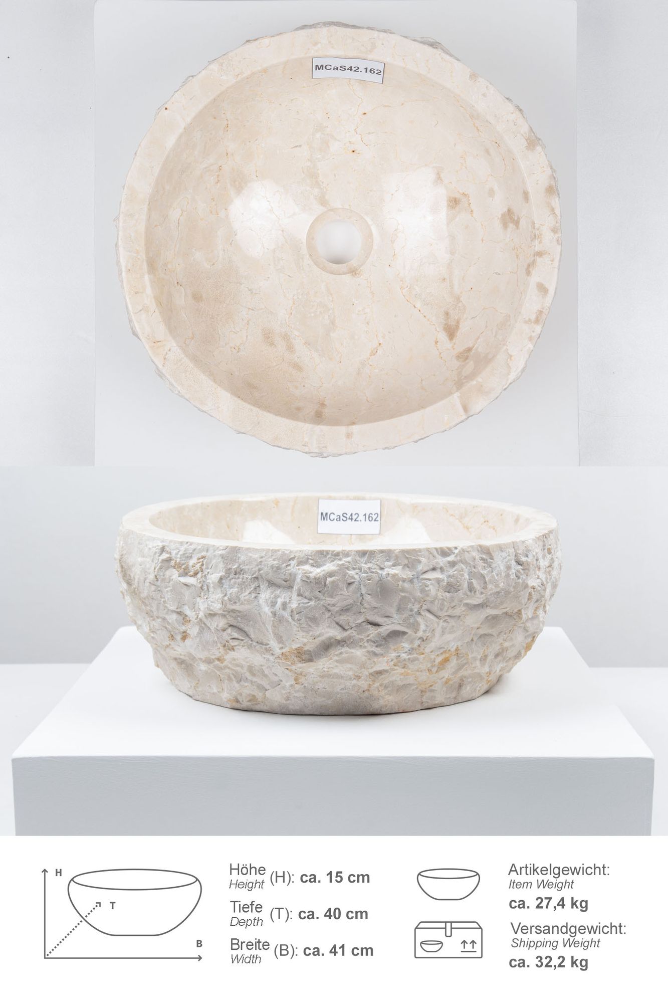 Erosi Marmor Waschbecken 40 cm creme MCaS42.162
