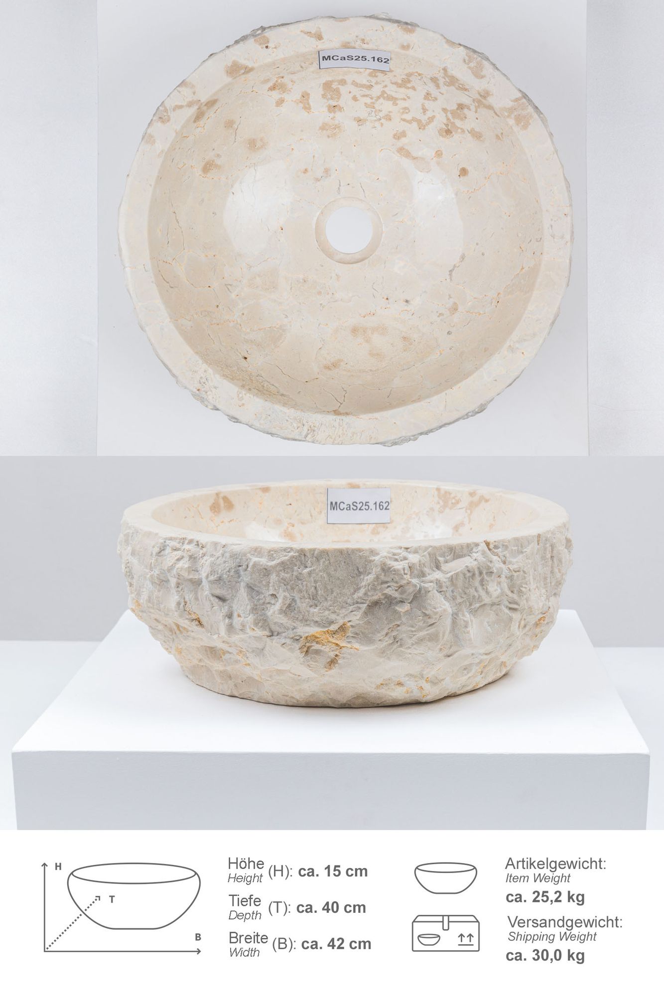 Erosi Marmor Waschbecken 40 cm creme MCaS25.162
