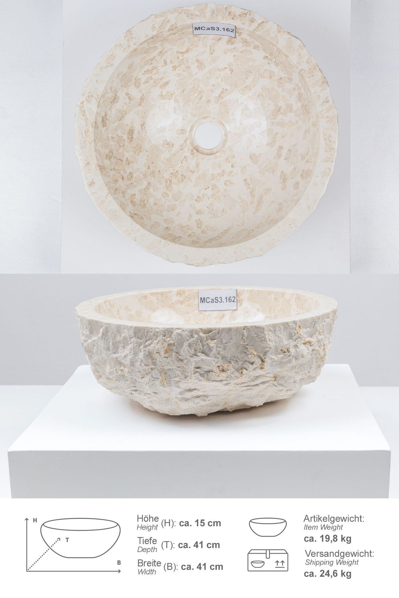 Erosi Marmor Waschbecken 40 cm creme MCaS3.162