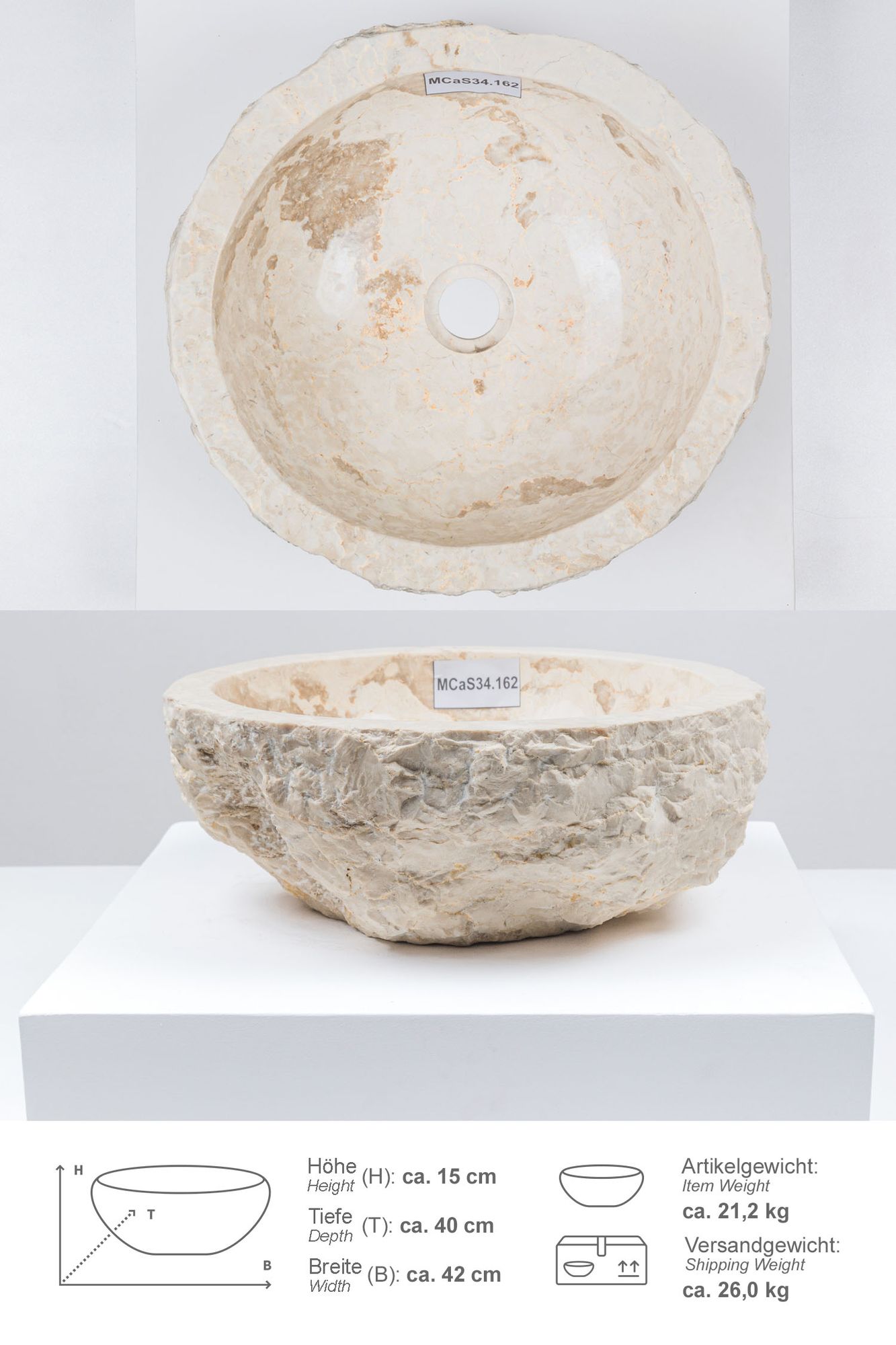 Erosi Marmor Waschbecken 40 cm creme MCaS34.162