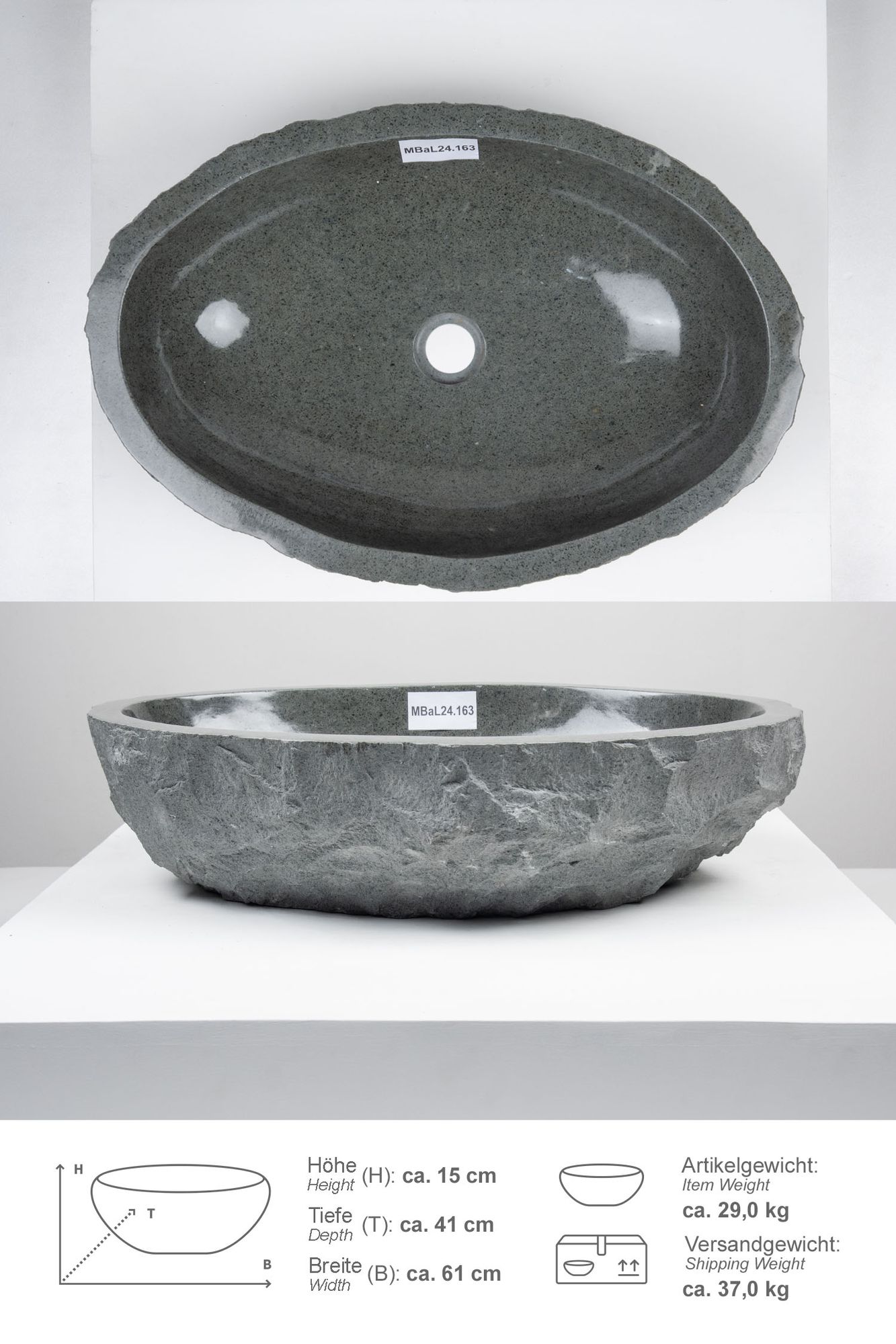 Erosi Andesit Waschbecken 60 cm anthrazit natur MBaL24.163