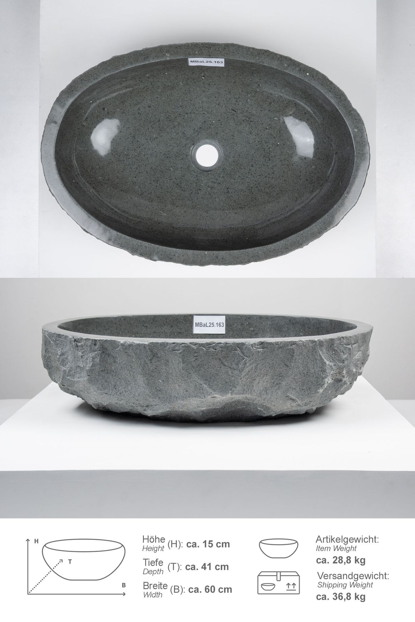 Erosi Andesit Waschbecken 60 cm anthrazit natur MBaL25.163