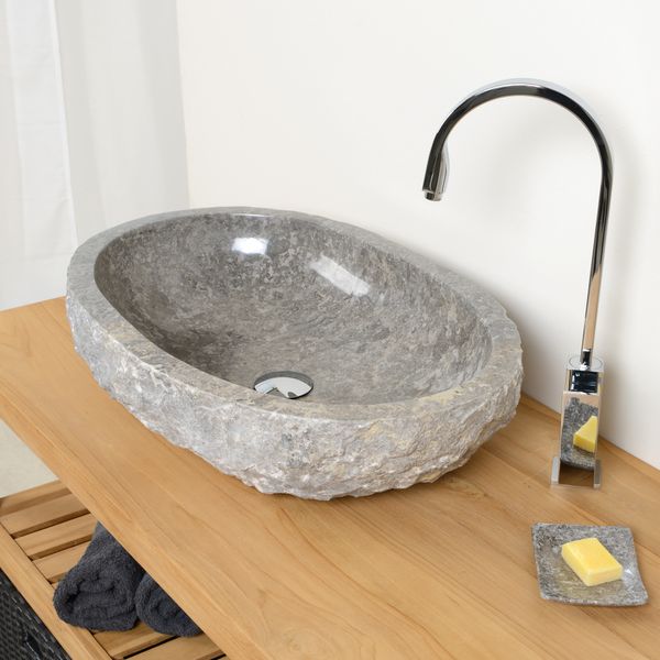 Marmor-Stein-Waschbecken 60 cm grau oval groß kaufen