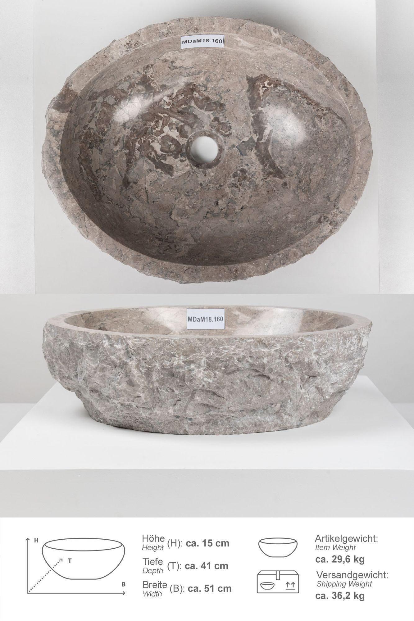 Erosi Marmor Waschbecken 50 cm grau MDaM18.160