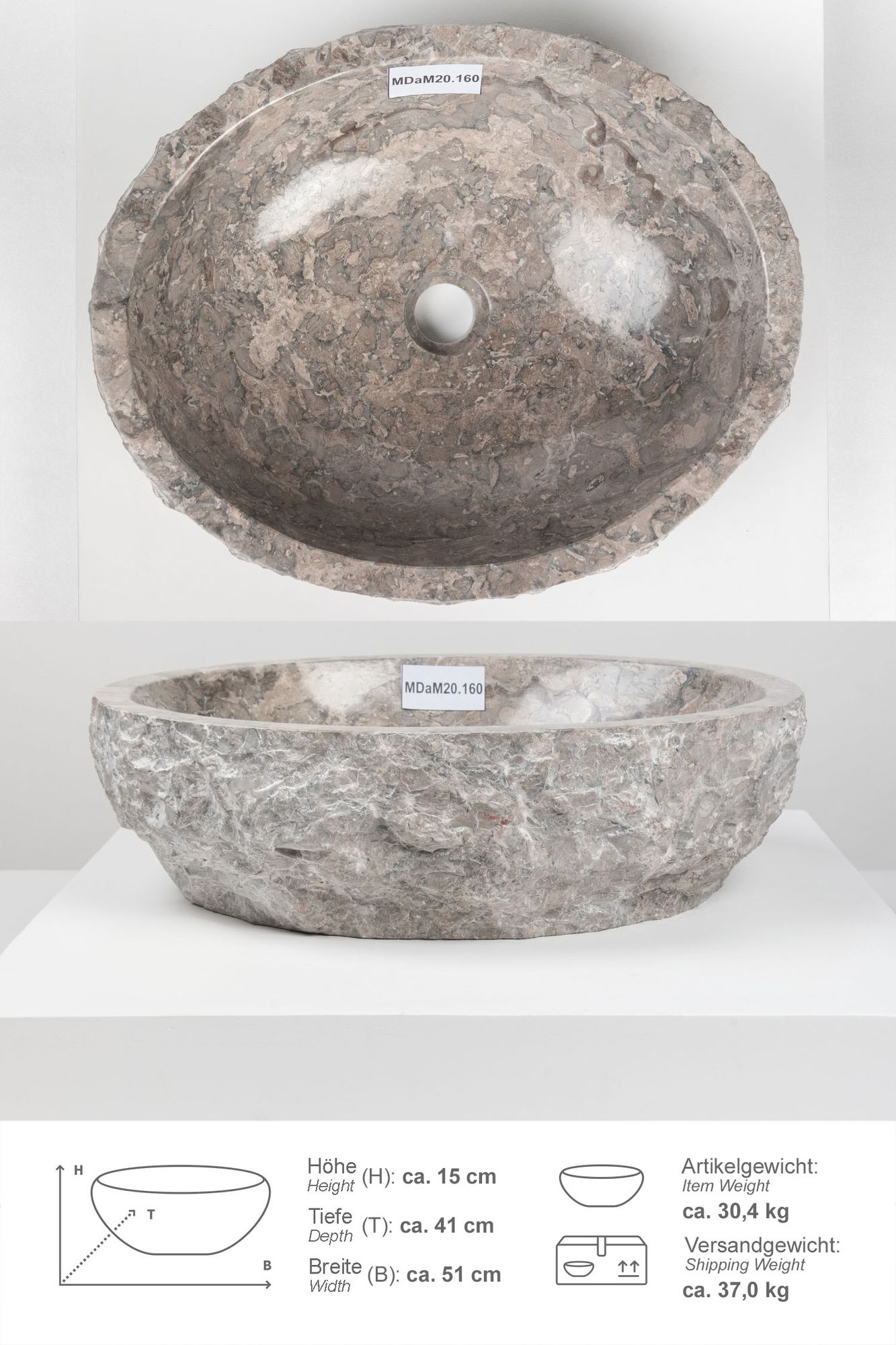 Erosi Marmor Waschbecken 50 cm grau MDaM20.160