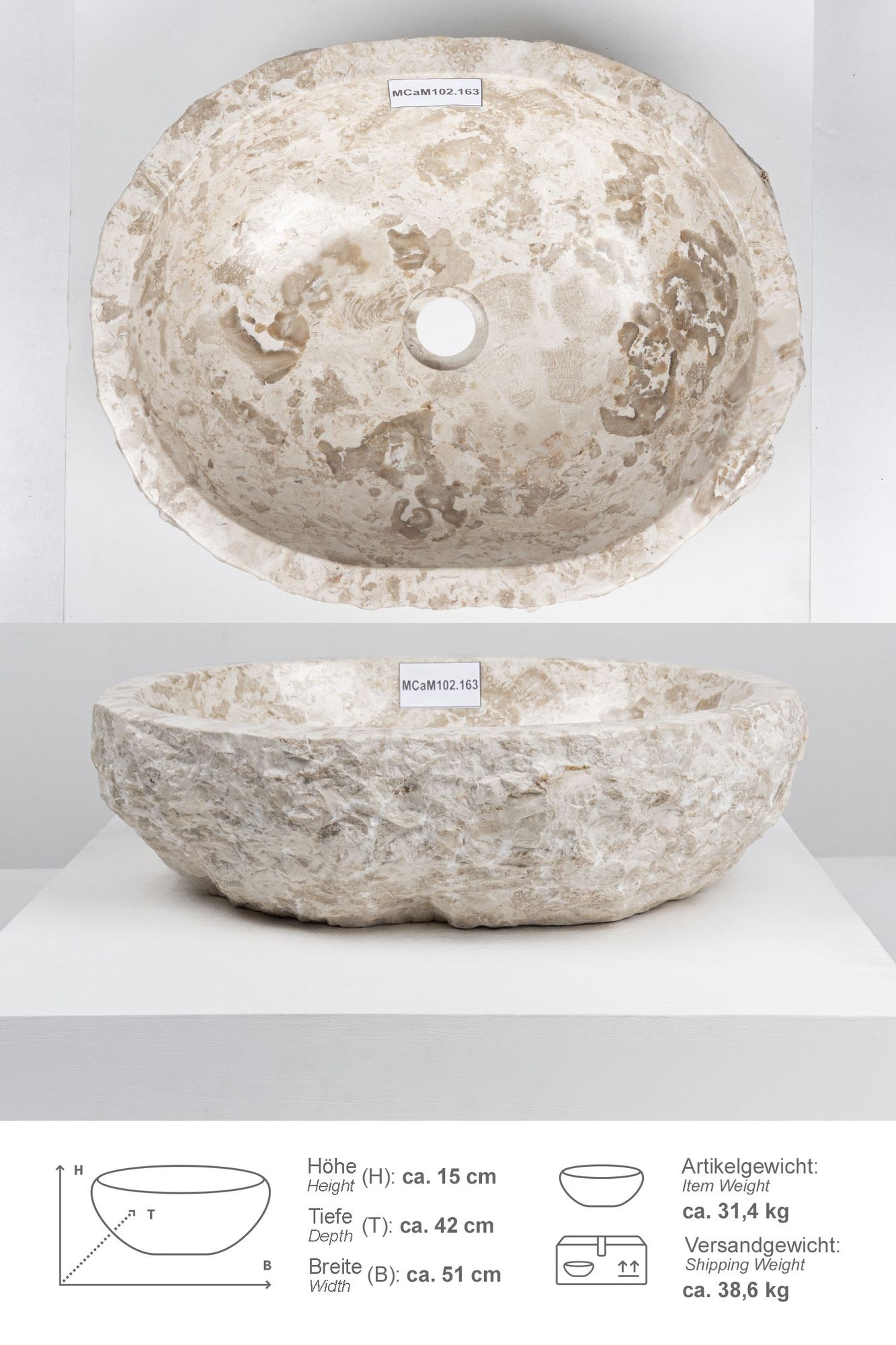 Erosi Marmor Waschbecken 50 cm creme MCaM102.163