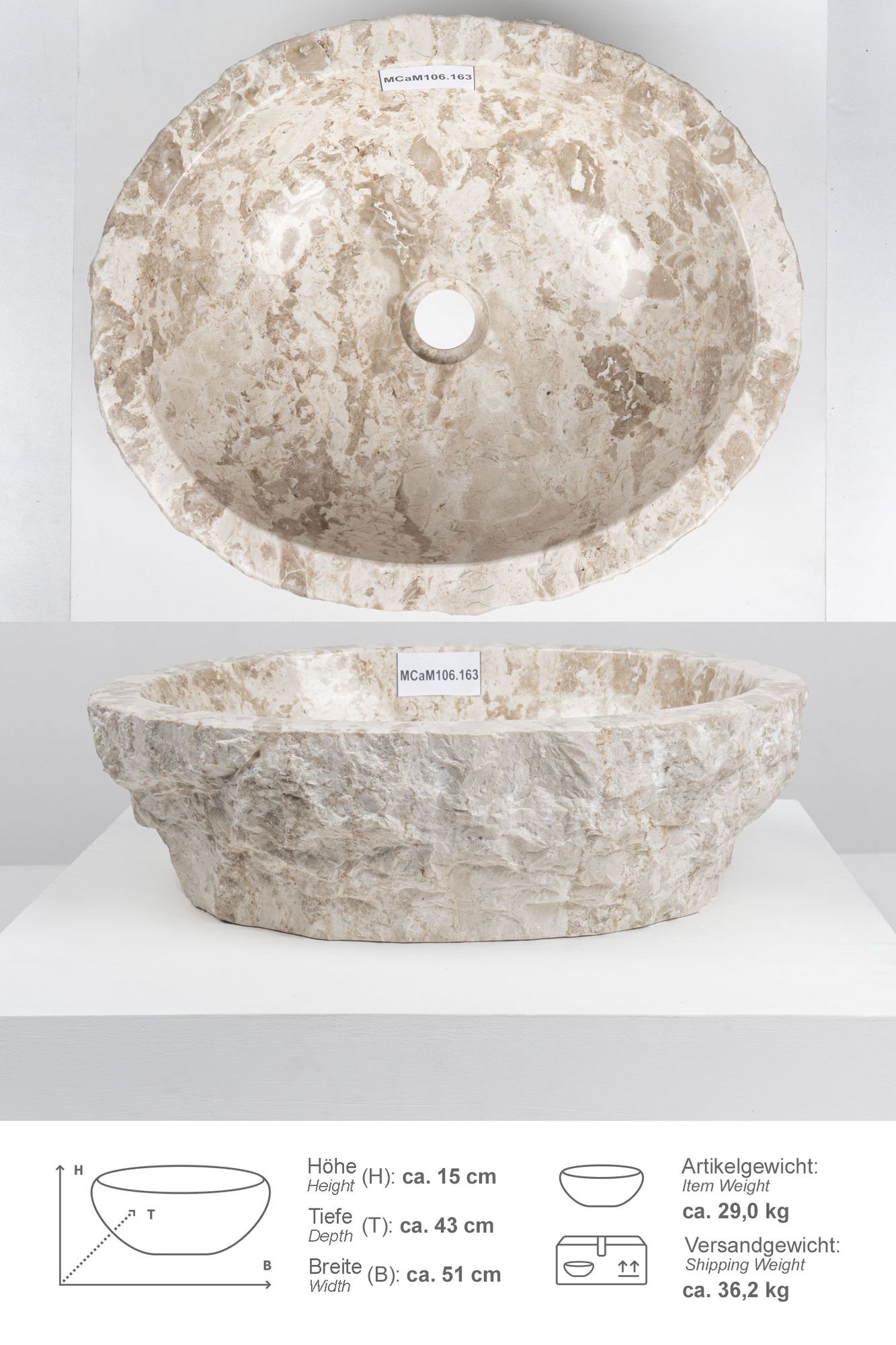 Erosi Marmor Waschbecken 50 cm creme MCaM106.163