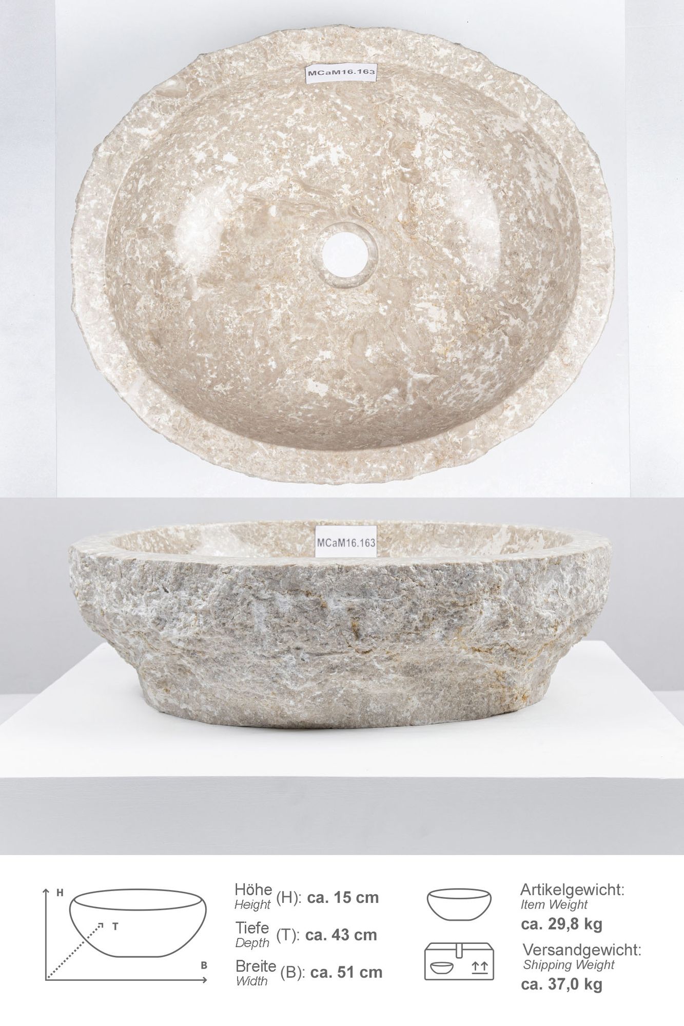 Erosi Marmor Waschbecken 50 cm creme MCaM16.163