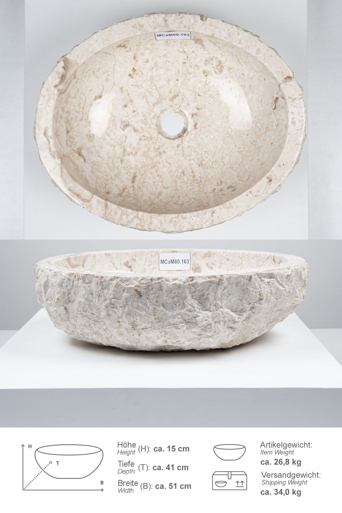 Erosi Marmor Waschbecken 50 cm creme MCaM80.163