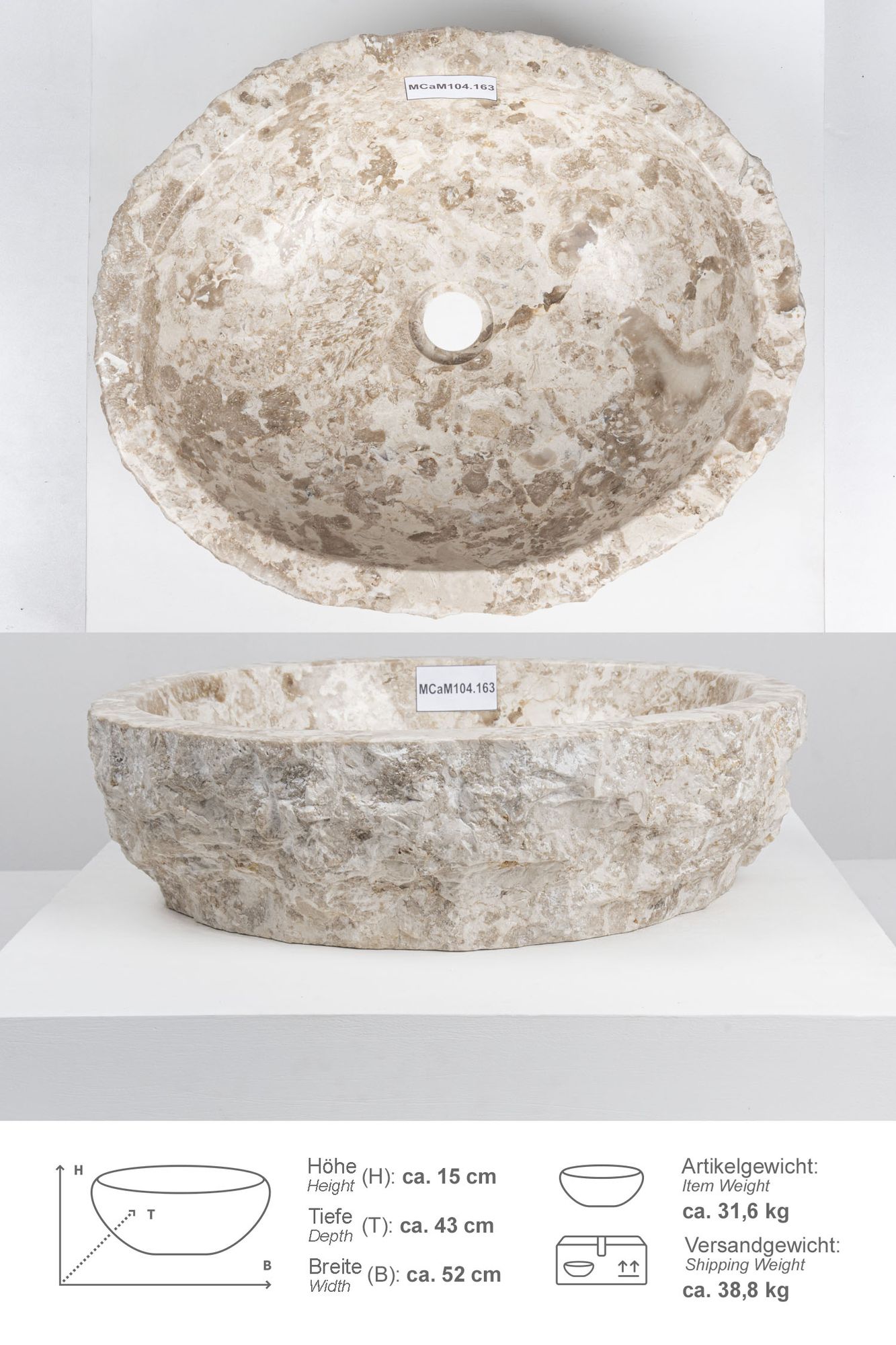 Erosi Marmor Waschbecken 50 cm creme MCaM104.163