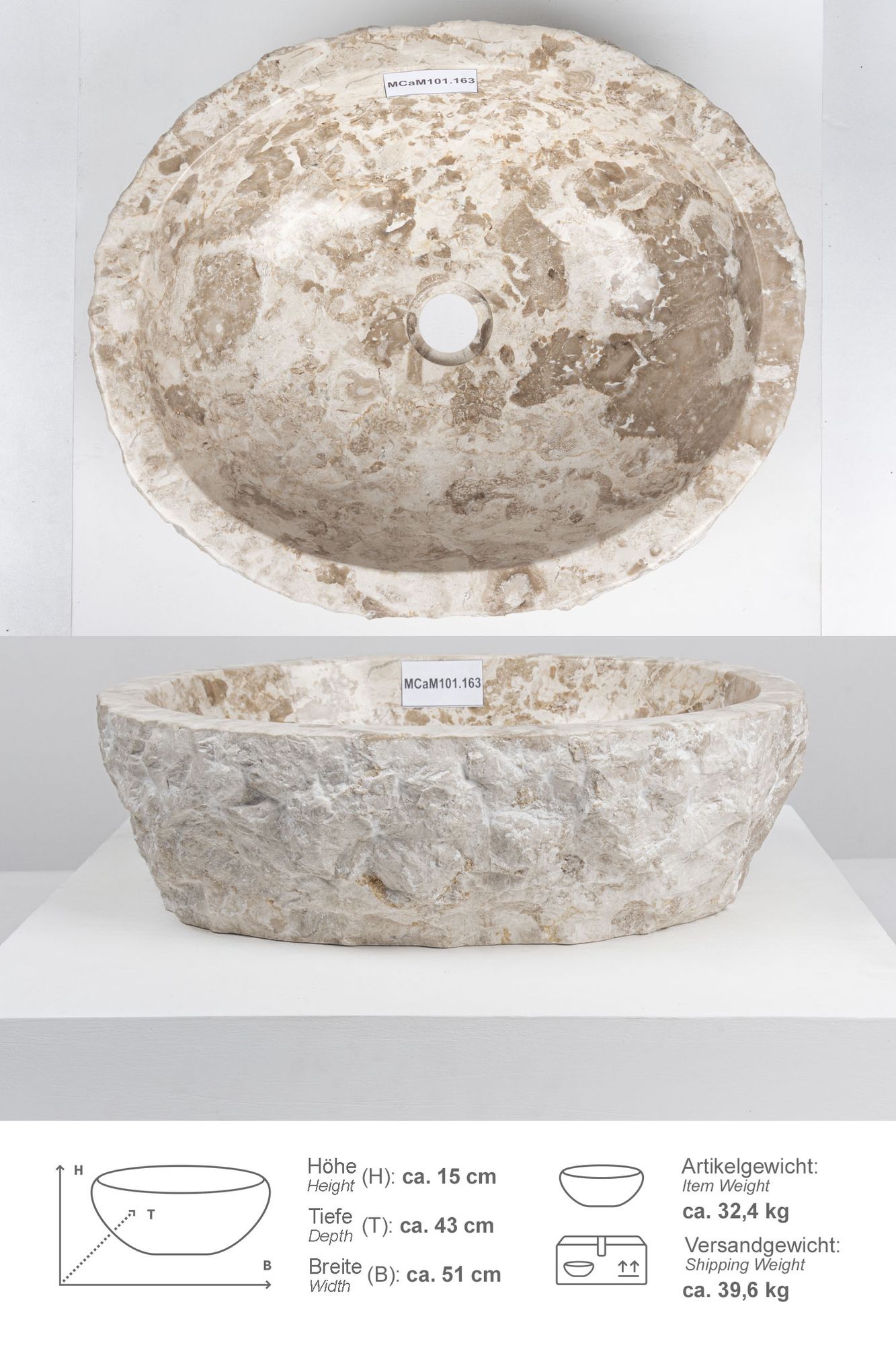 Erosi Marmor Waschbecken 50 cm creme MCaM101.163