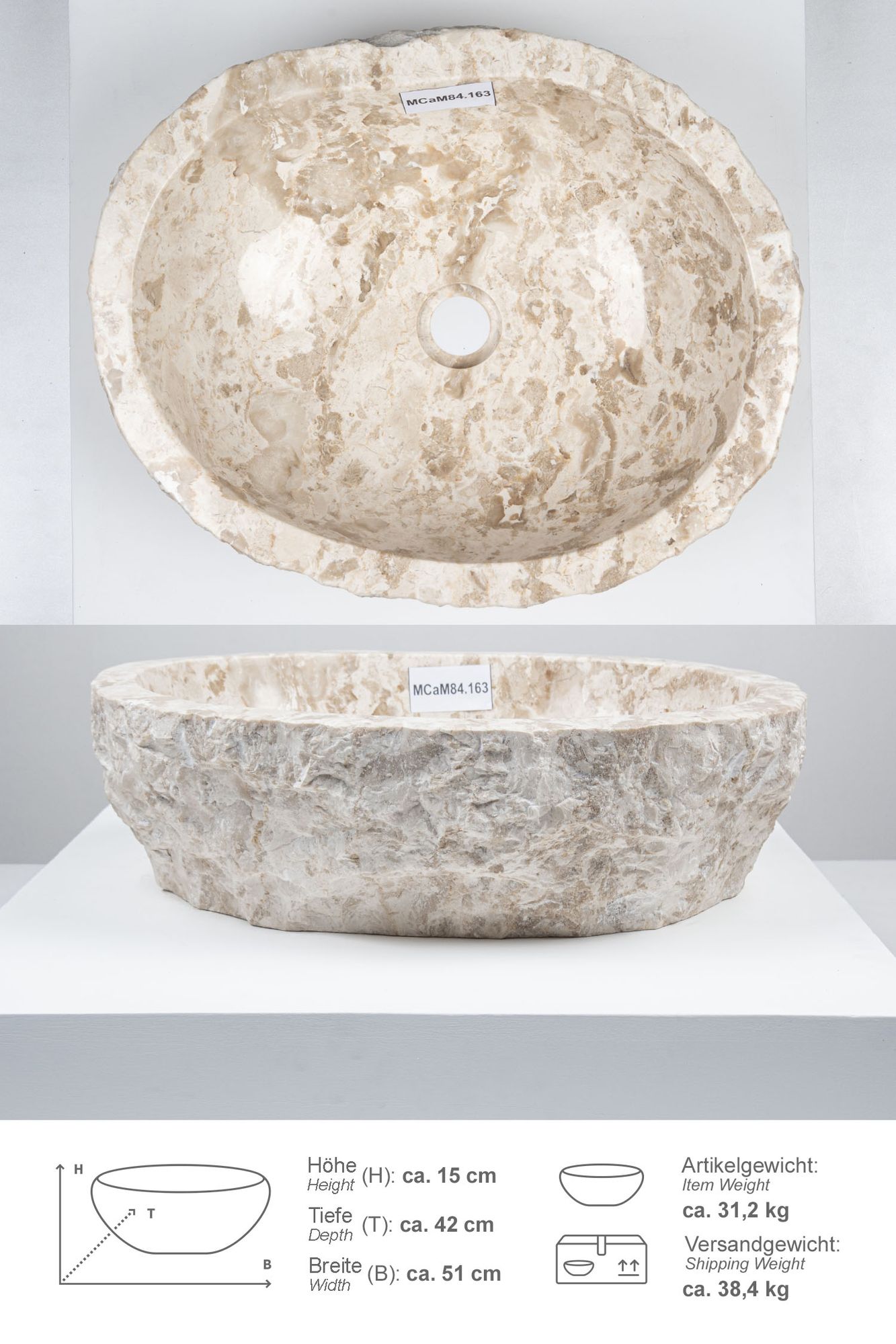 Erosi Marmor Waschbecken 50 cm creme MCaM84.163