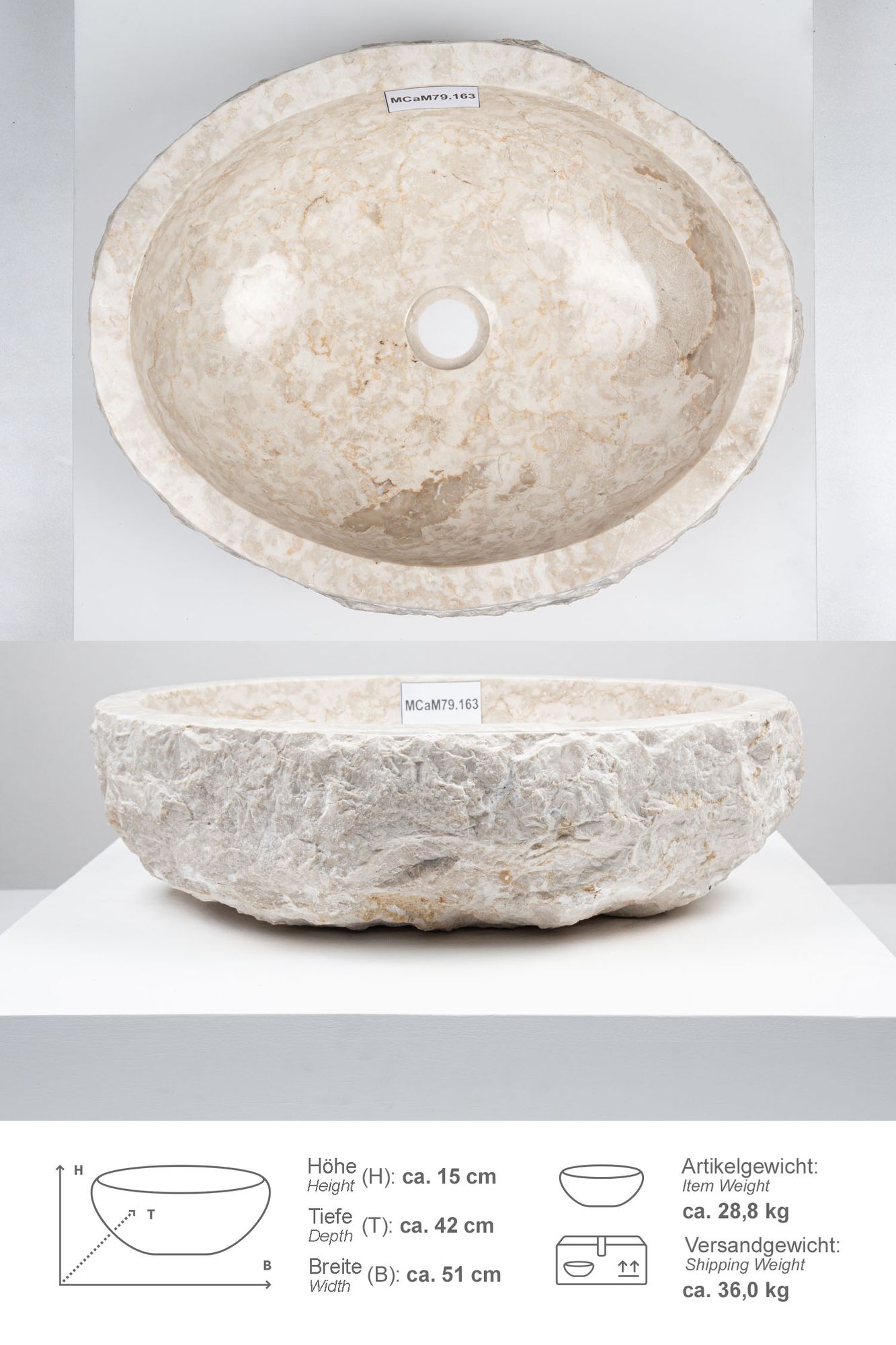 Erosi Marmor Waschbecken 50 cm creme MCaM79.163