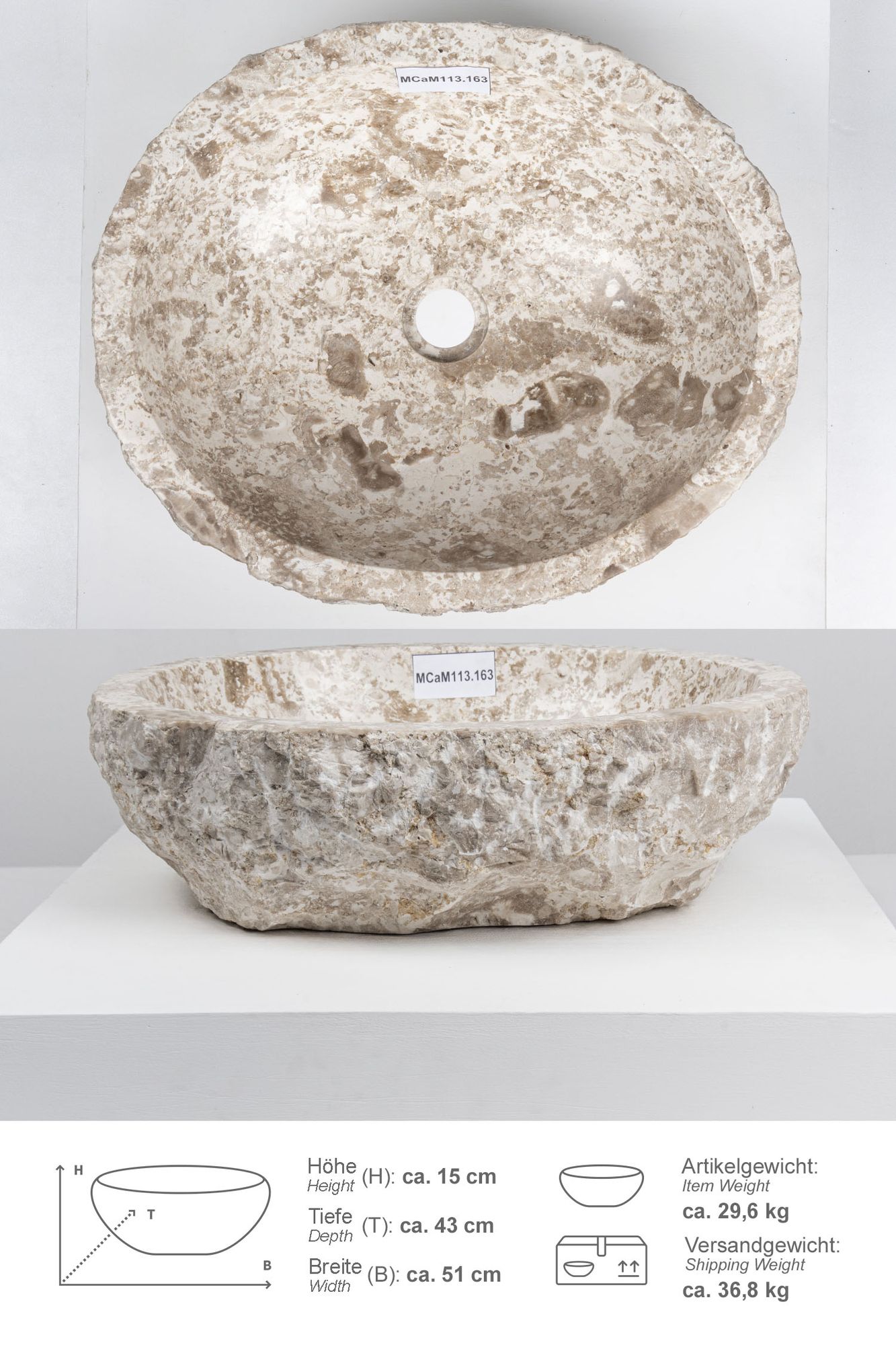 Erosi Marmor Waschbecken 50 cm creme MCaM113.163