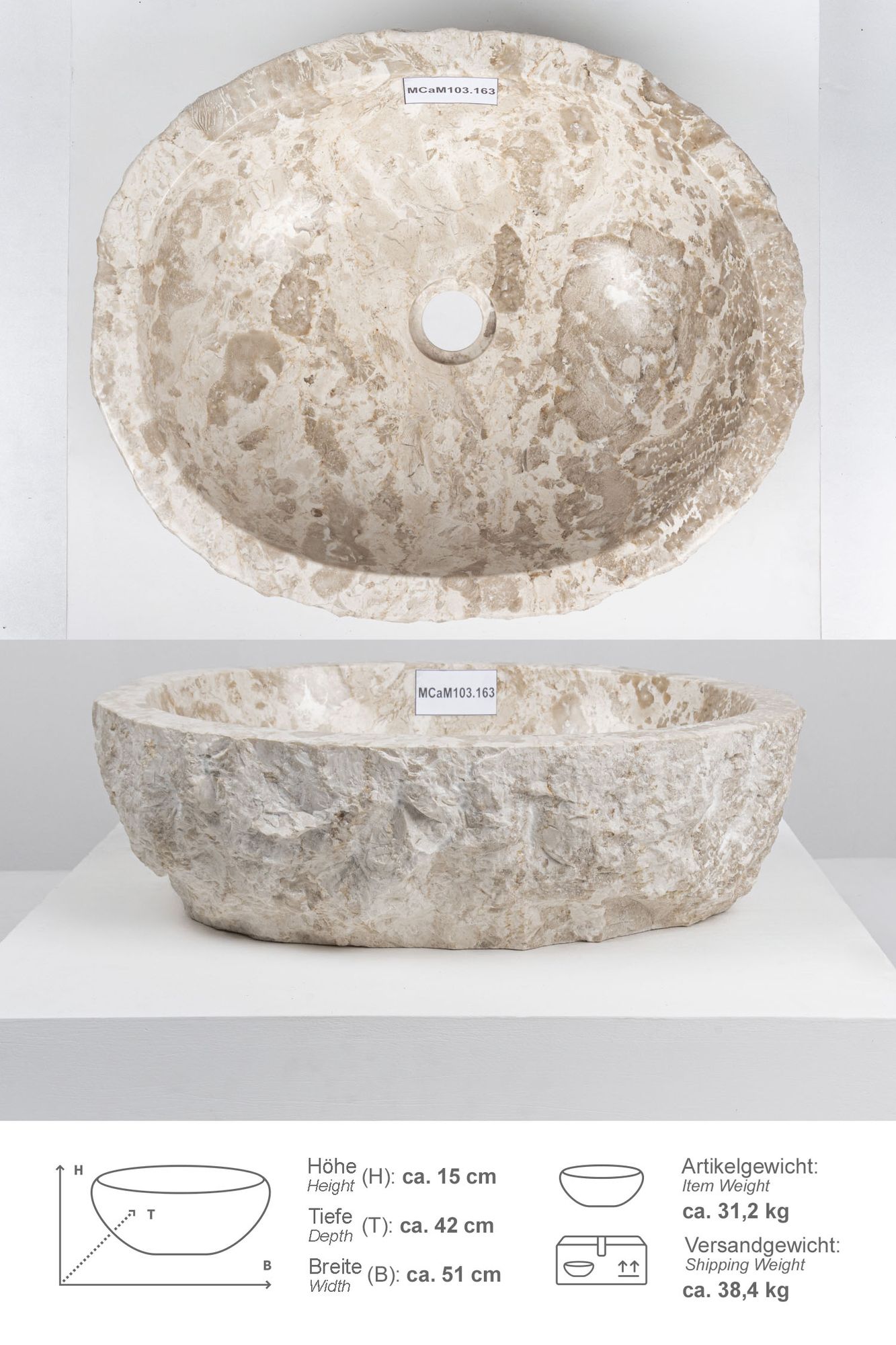Erosi Marmor Waschbecken 50 cm creme MCaM103.163