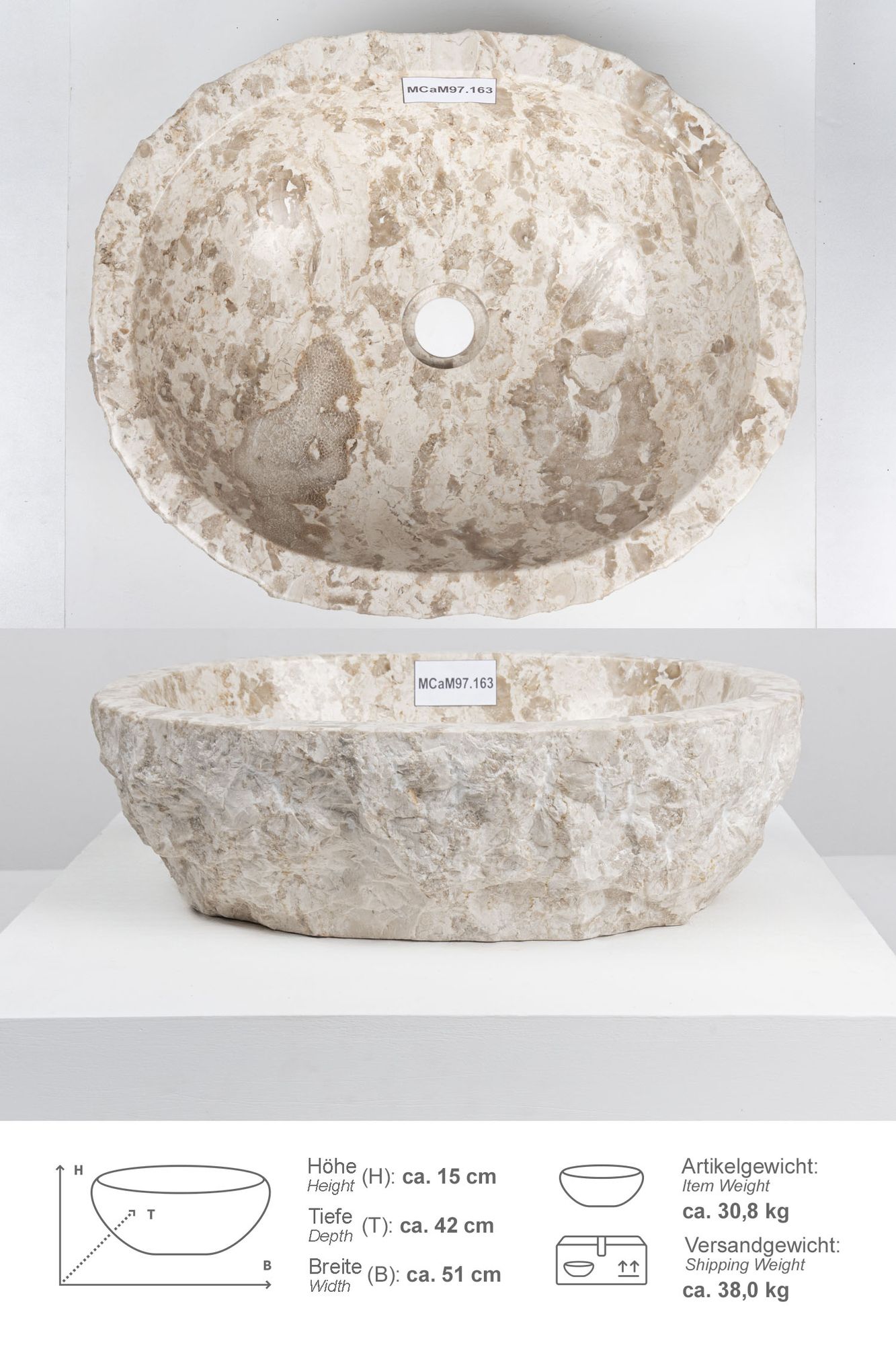 Erosi Marmor Waschbecken 50 cm creme MCaM97.163