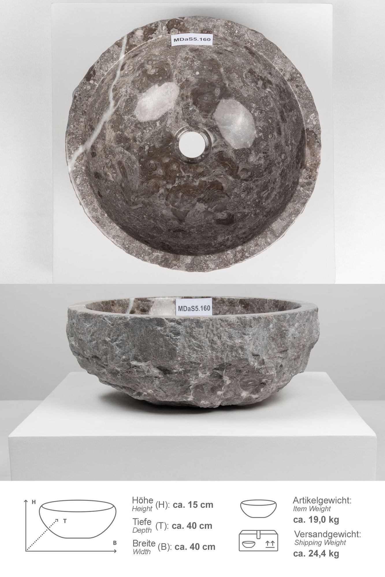 Erosi Marmor Waschbecken 40 cm grau MDaS5.160