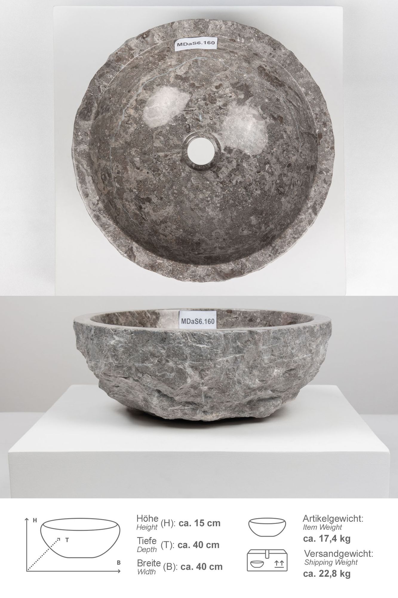 Erosi Marmor Waschbecken 40 cm grau MDaS6.160