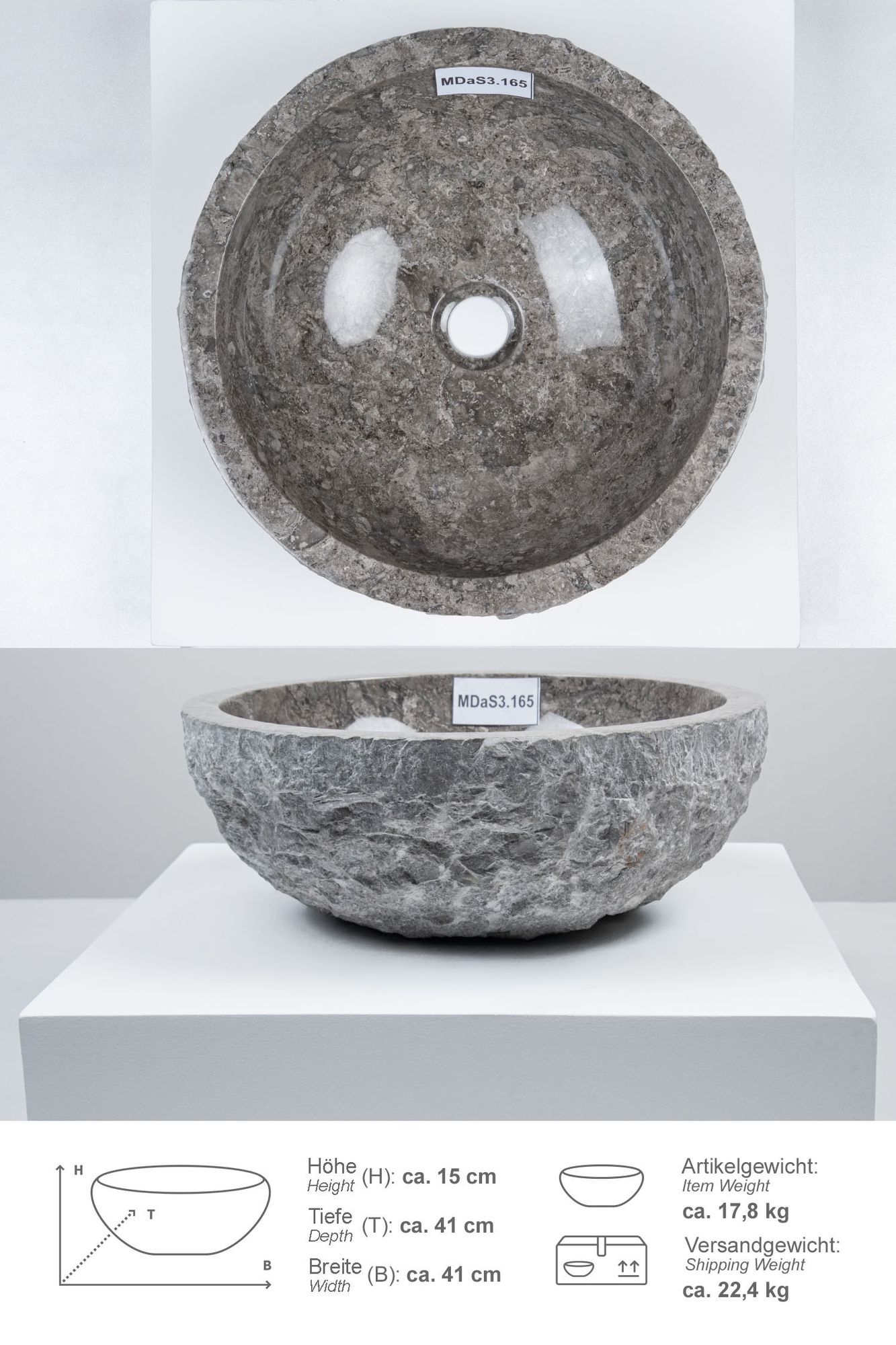 Erosi Marmor Waschbecken 40 cm grau MDaS3.165