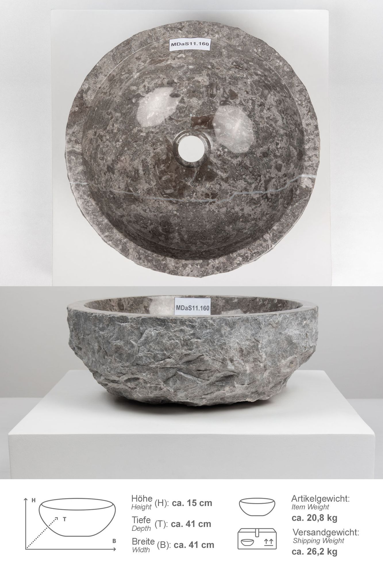Erosi Marmor Waschbecken 40 cm grau MDaS11.160