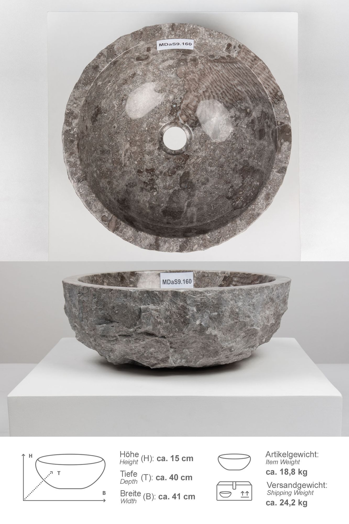 Erosi Marmor Waschbecken 40 cm grau MDaS9.160