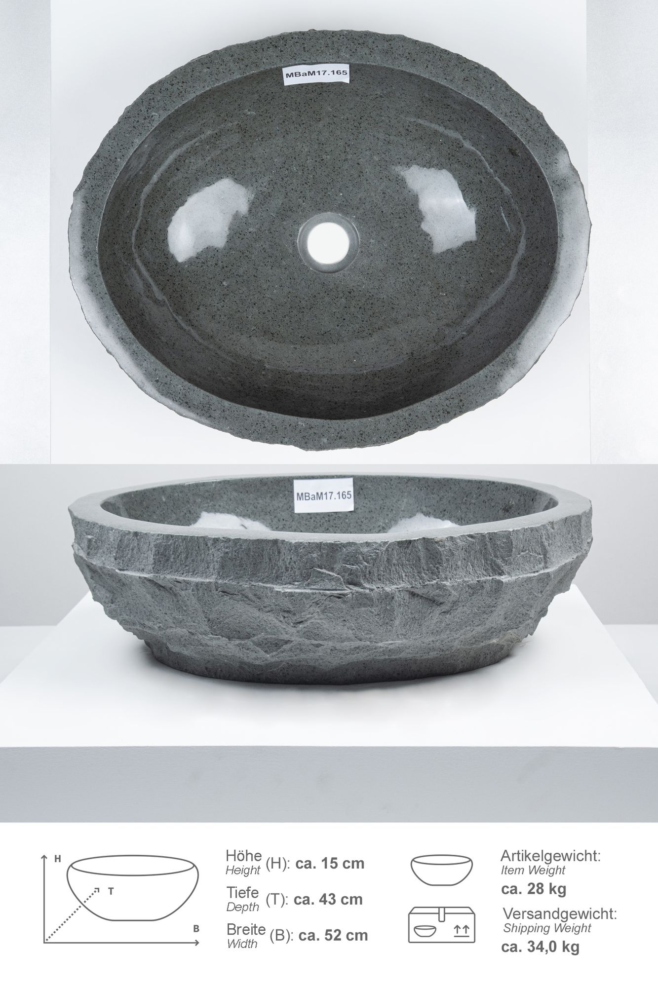 Erosi Andesit Waschbecken 50 cm MBaM17.165