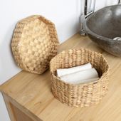 wohnfreuden Korb OCTA aus Wasserhyazinthe mit Deckel 28 cm creme eckig