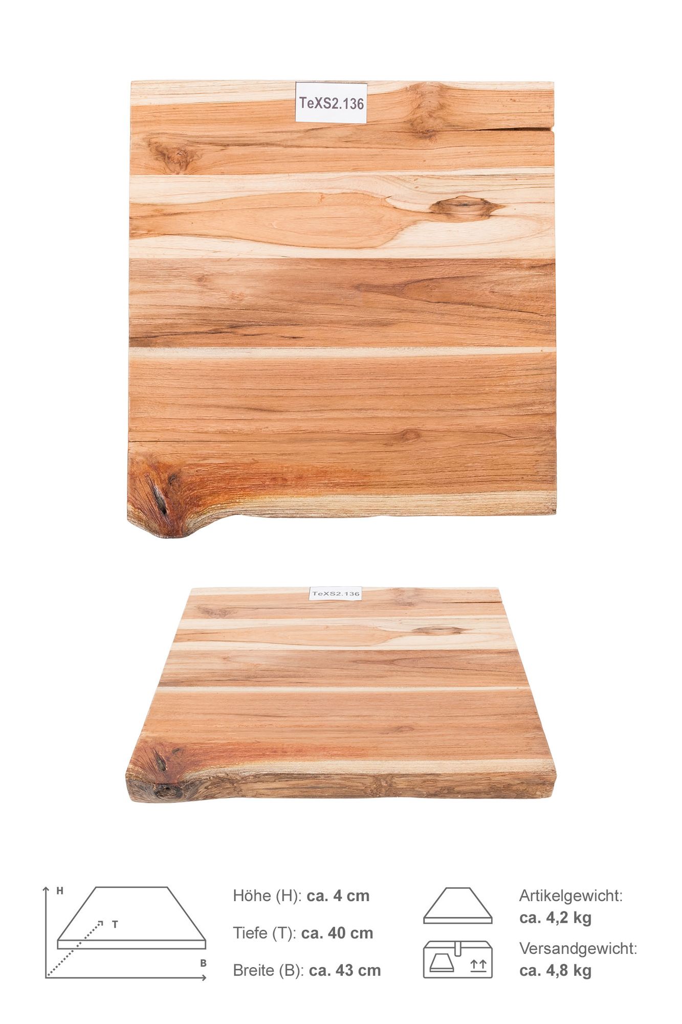 Teakholz Waschtischplatte ENZO Gr. XS ab 40 cm lasiert TeXS2.136