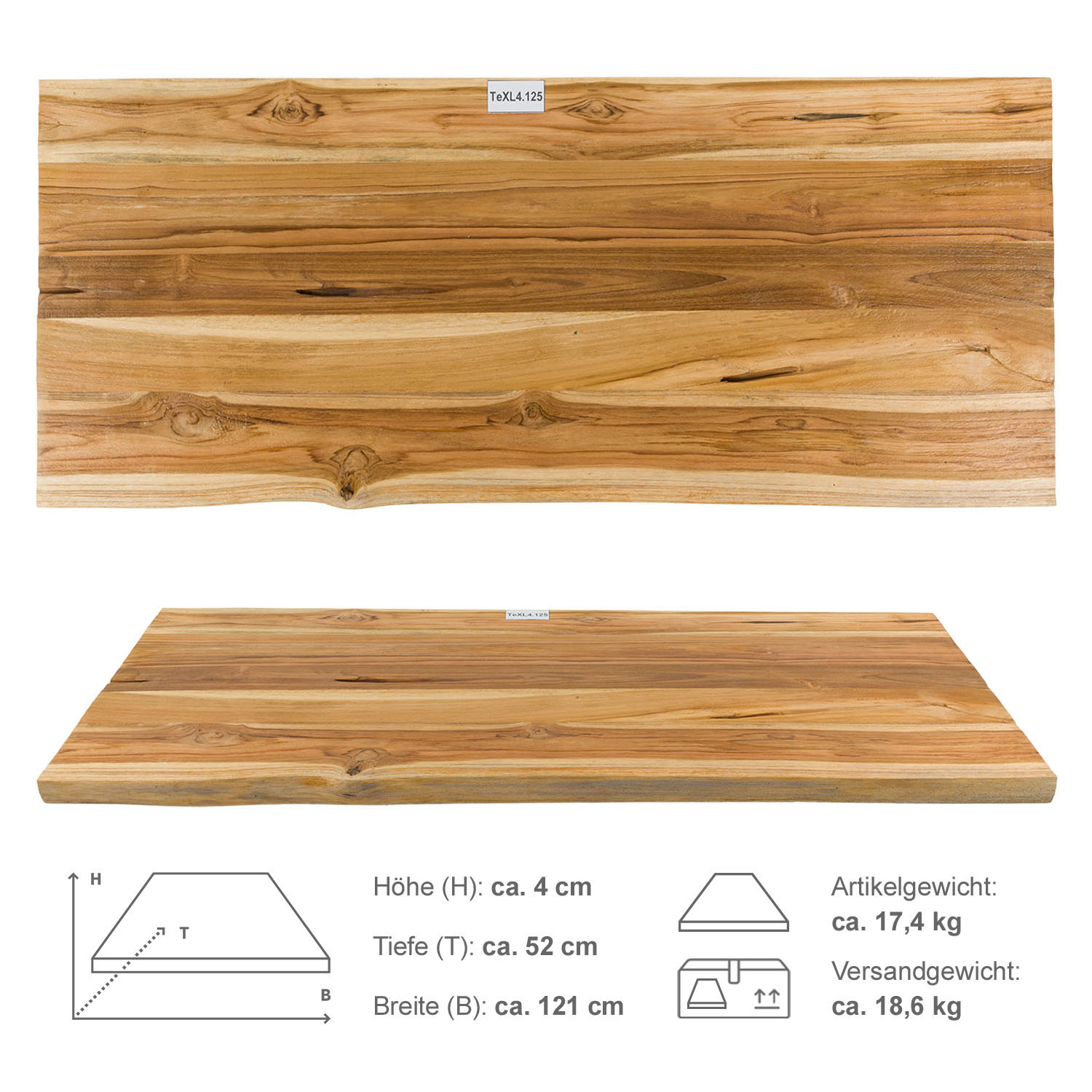 Teakholz Waschtischplatte ENZO Gr. XL ab 120 cm lasiert TeXL4.125