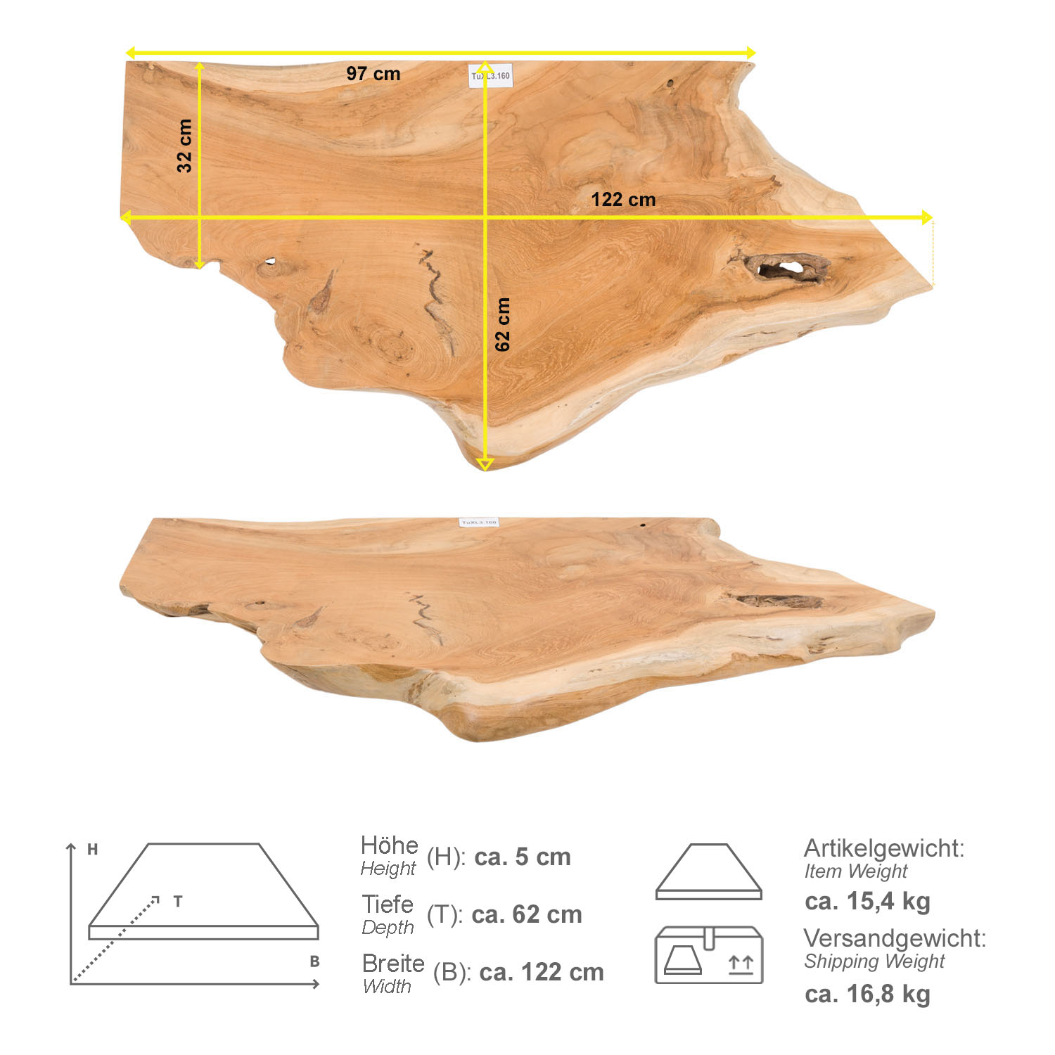 Holz Eck-Waschtischplatte LUXE 90° Gr. XL ab 120 cm lasiert TuXL3.160