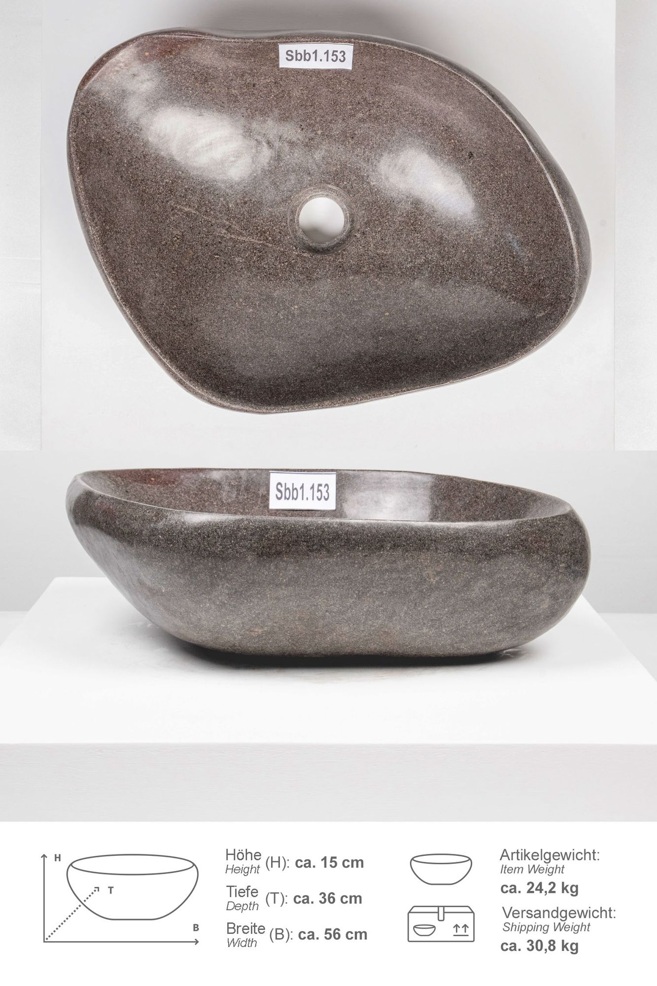 Naturstein Waschbecken 50 cm rundum poliert mit Naturkante Sbb1.153