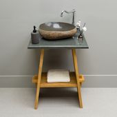 Waschtischplatte Stein 60 cm für Aufsatzwaschbecken Granit Naturstein Flussstein Steinplatte Gäste WC Bad grau wasserfest Wohnfreuden