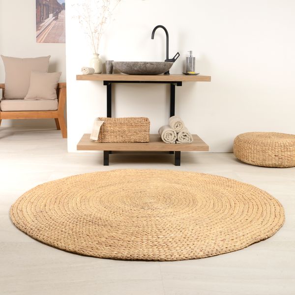 wohnfreuden Badematte rund Flurmatte Bodenleger Läufer Matte aus Wasserhyazinthe natur