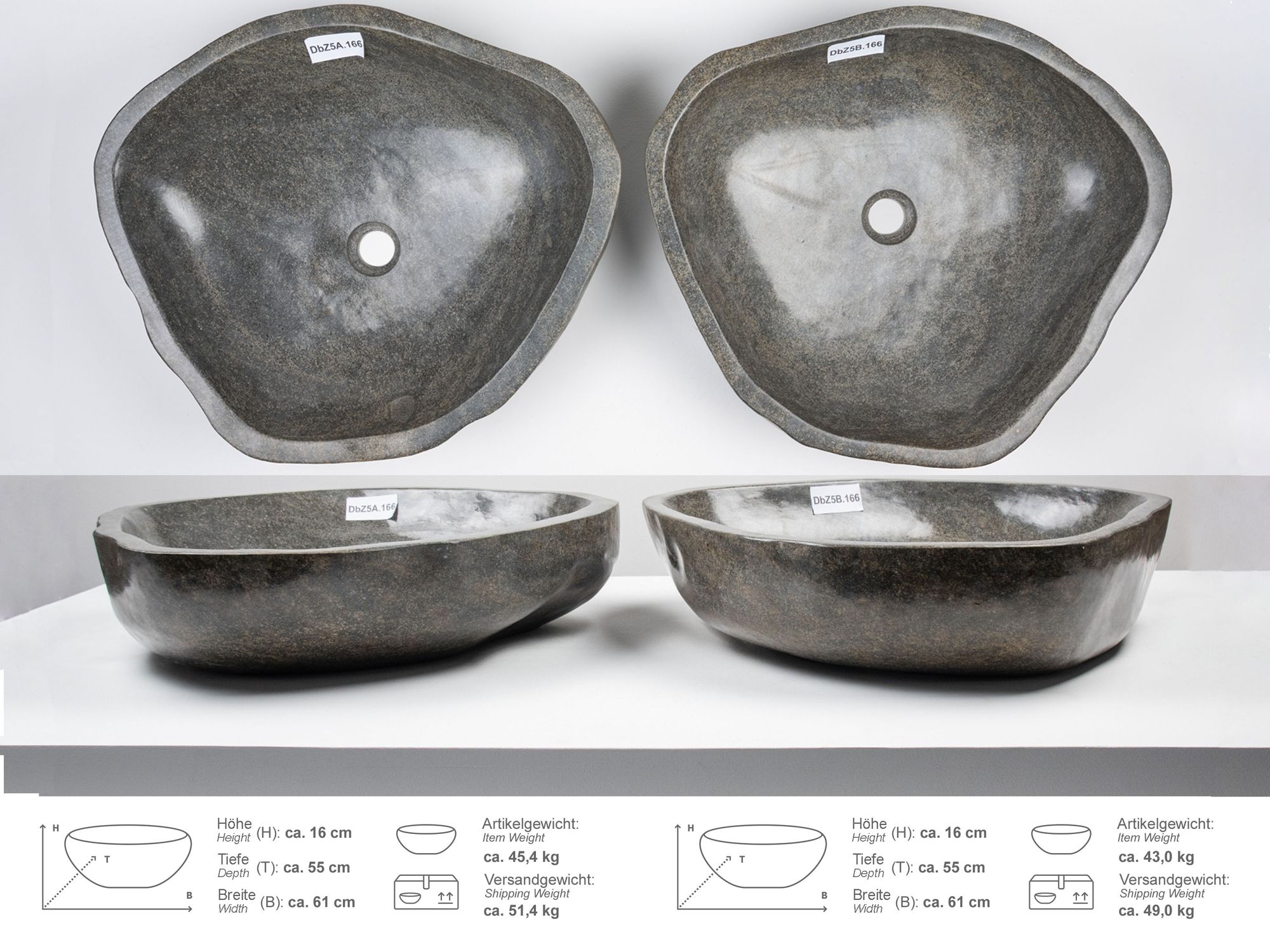 Zwilling Doppelwaschbecken aus Naturstein 60 cm rundum poliert DbZ5.166