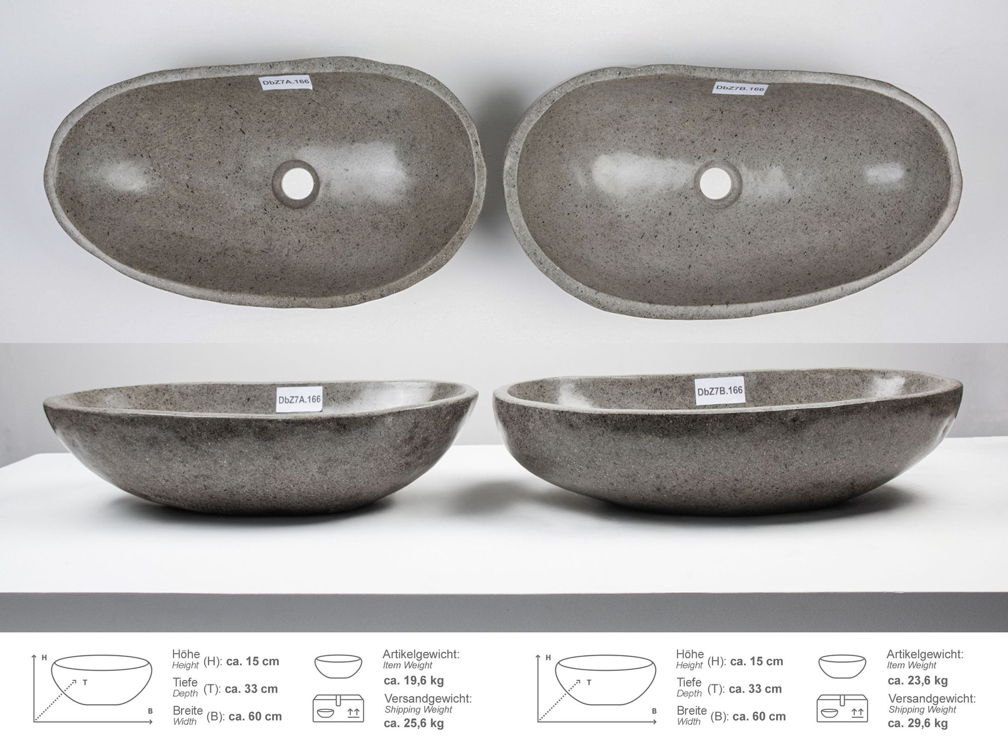 Zwilling Doppelwaschbecken aus Naturstein 60 cm rundum poliert DbZ7.166