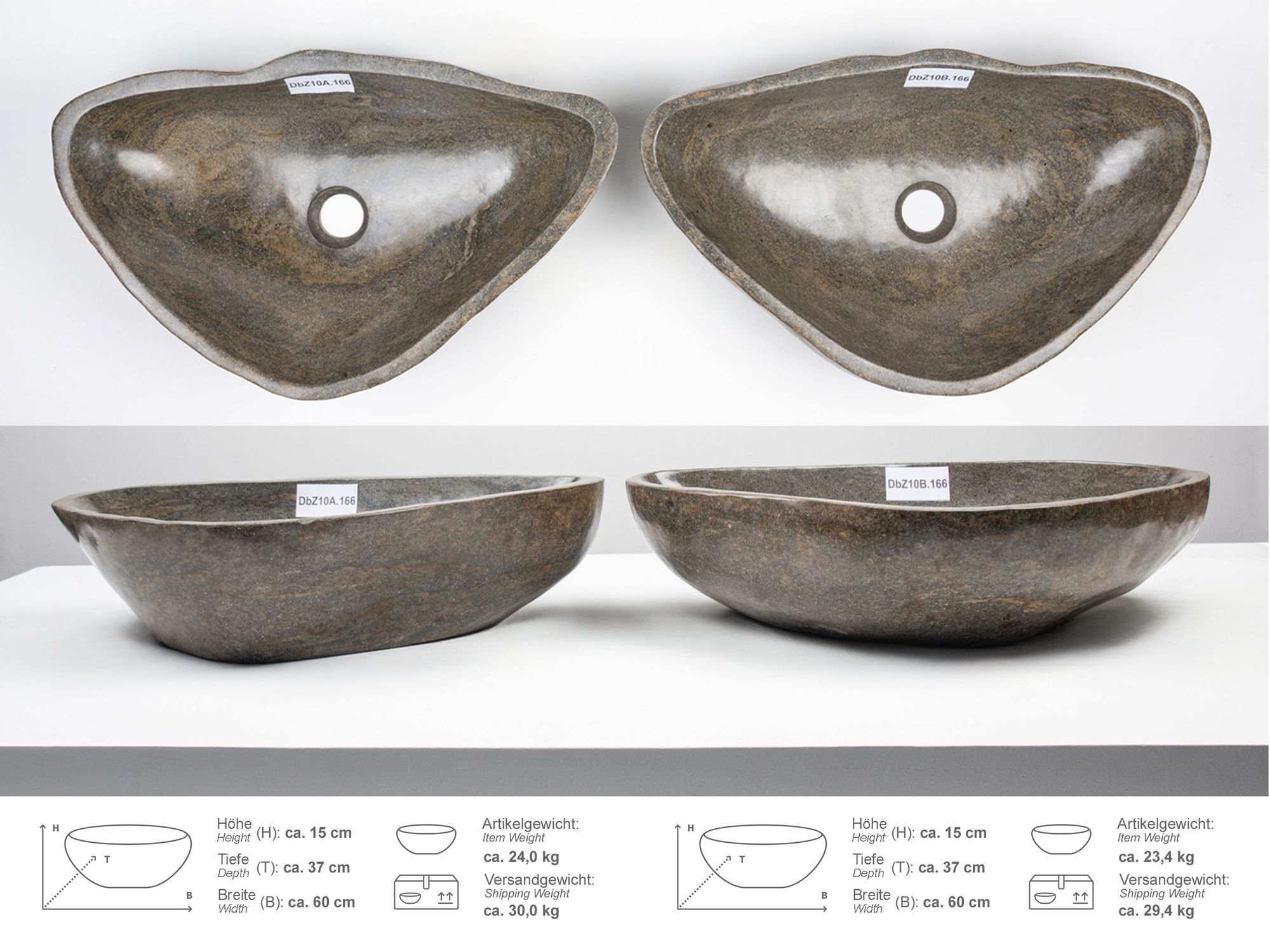 Zwilling Doppelwaschbecken aus Naturstein 60 cm rundum poliert DbZ10.166