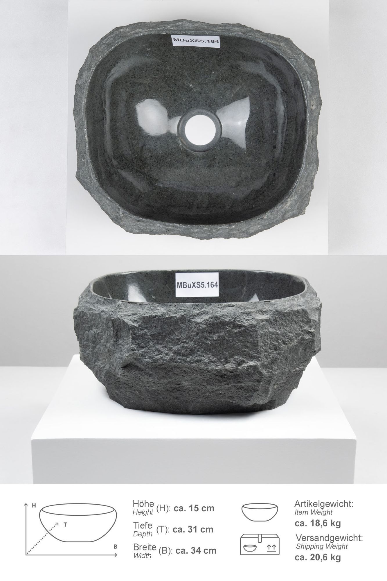 Andesit Waschbecken EROSI 30 cm mit Naturkante anthrazit MBuXS5.164