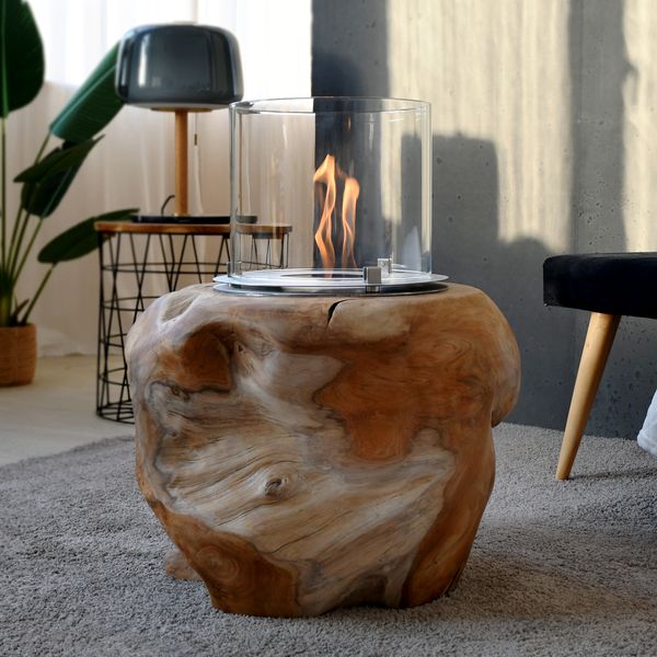 Ethanol Kamin mit Teakholz Kugel Ø 50 - 55 cm 