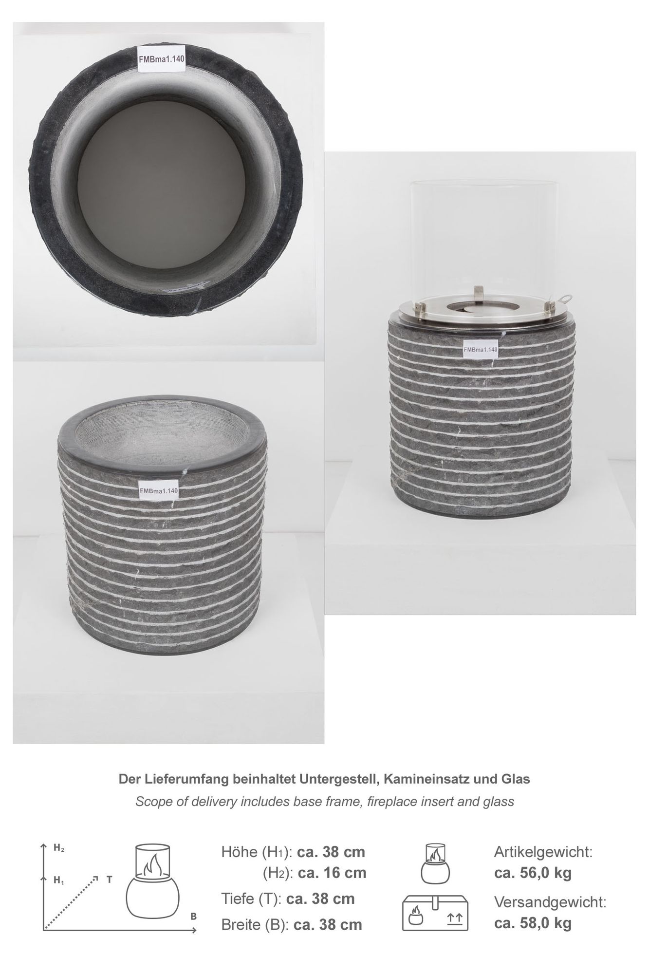 Ethanol Kamin mit Marmorsockel schwarz gehämmert Größe M FMBMa1.140