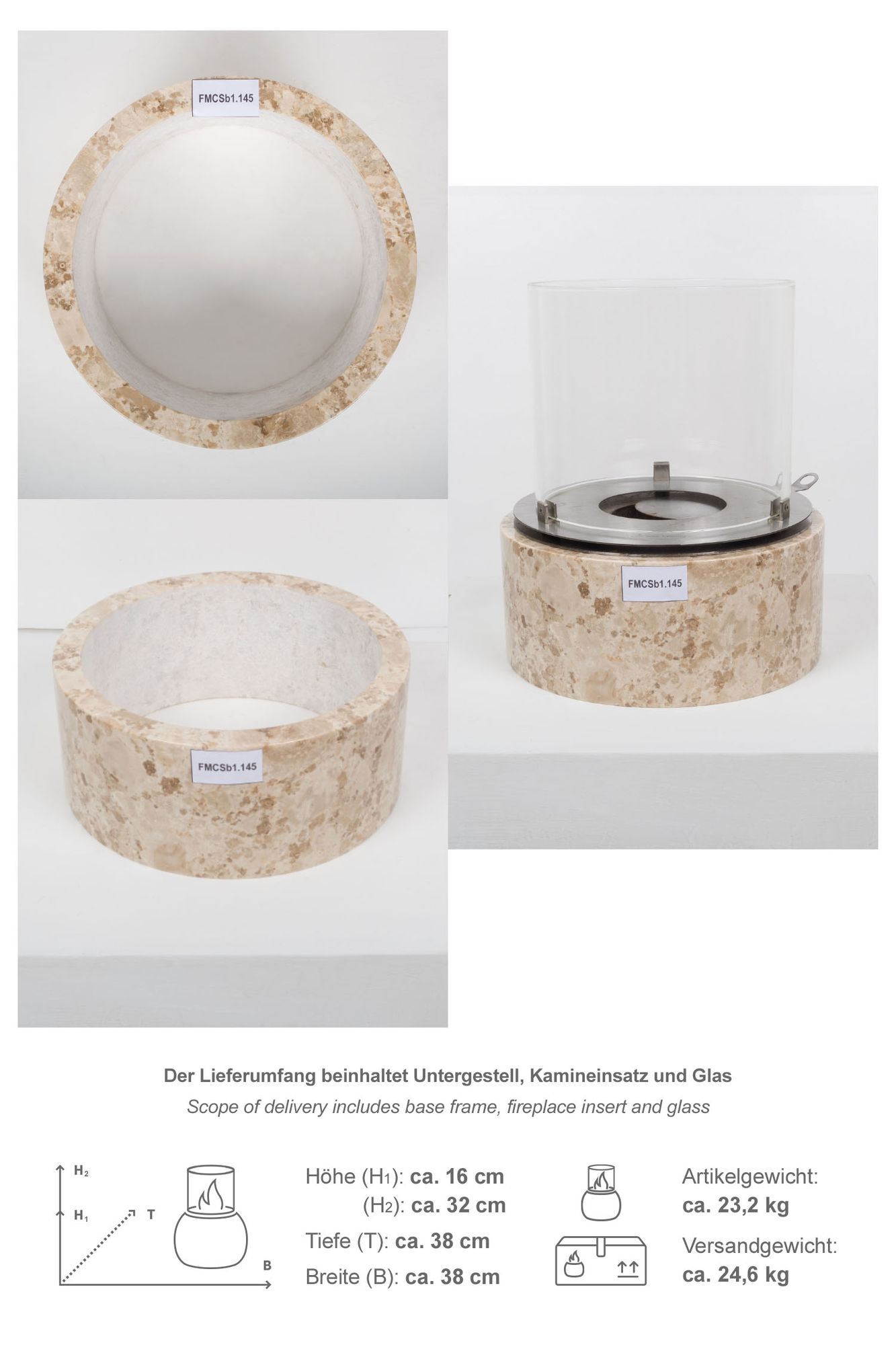 Ethanol Kamin mit Marmorsockel creme poliert Größe S FMCSb1.145