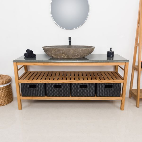 Wohnfreuden Teakholz Waschtisch 160 cm mit Naturstein Platte inkl. 4 Körbe