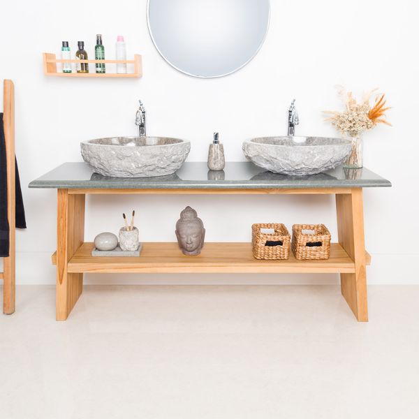 Wohnfreuden Teakholz Waschtisch ZEN 160 cm mit Naturstein Platte