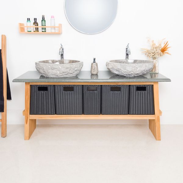 Wohnfreuden Teakholz Waschtisch ZEN 160 cm mit Naturstein Platte